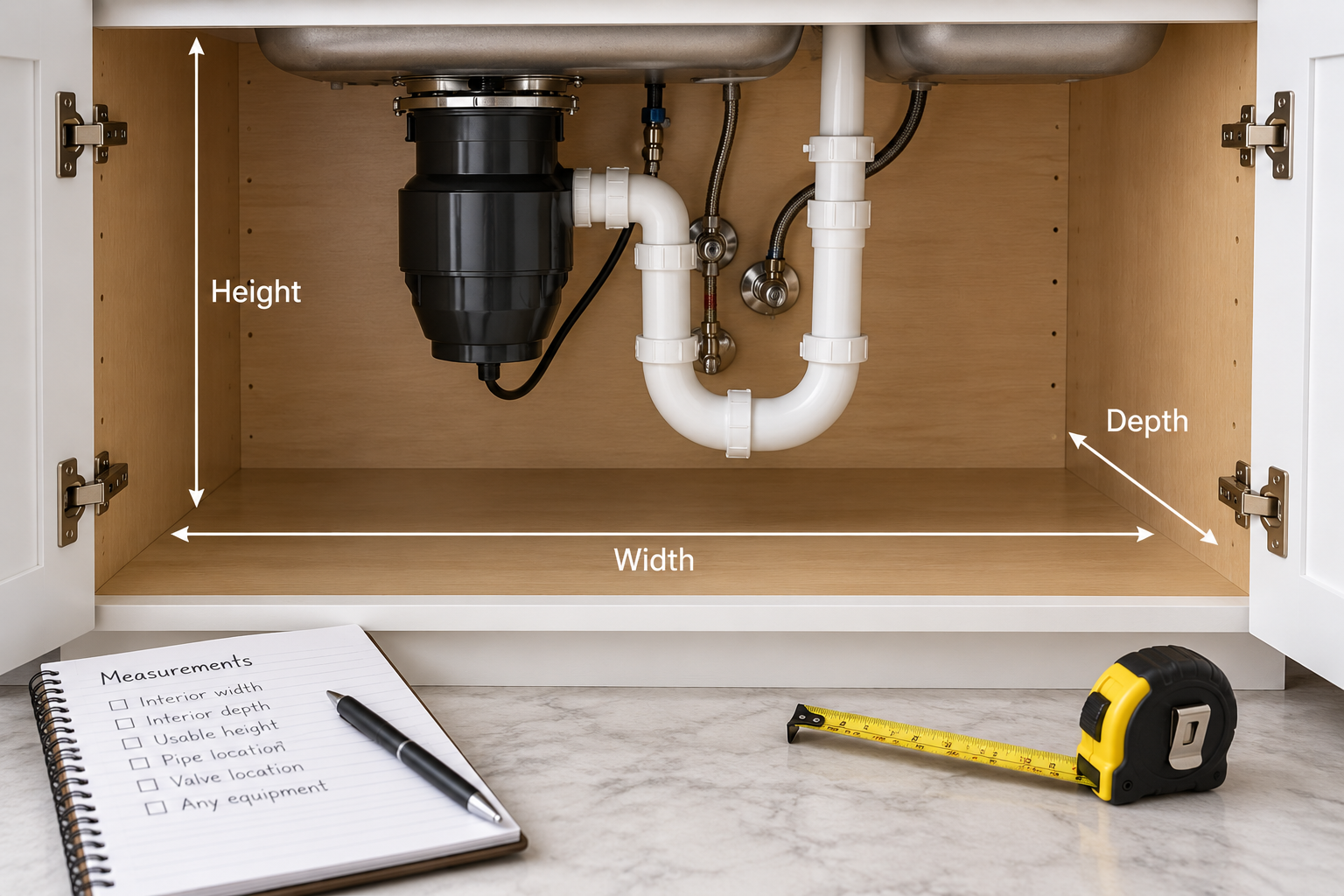 Measuring an under-sink cabinet around plumbing before organizing
