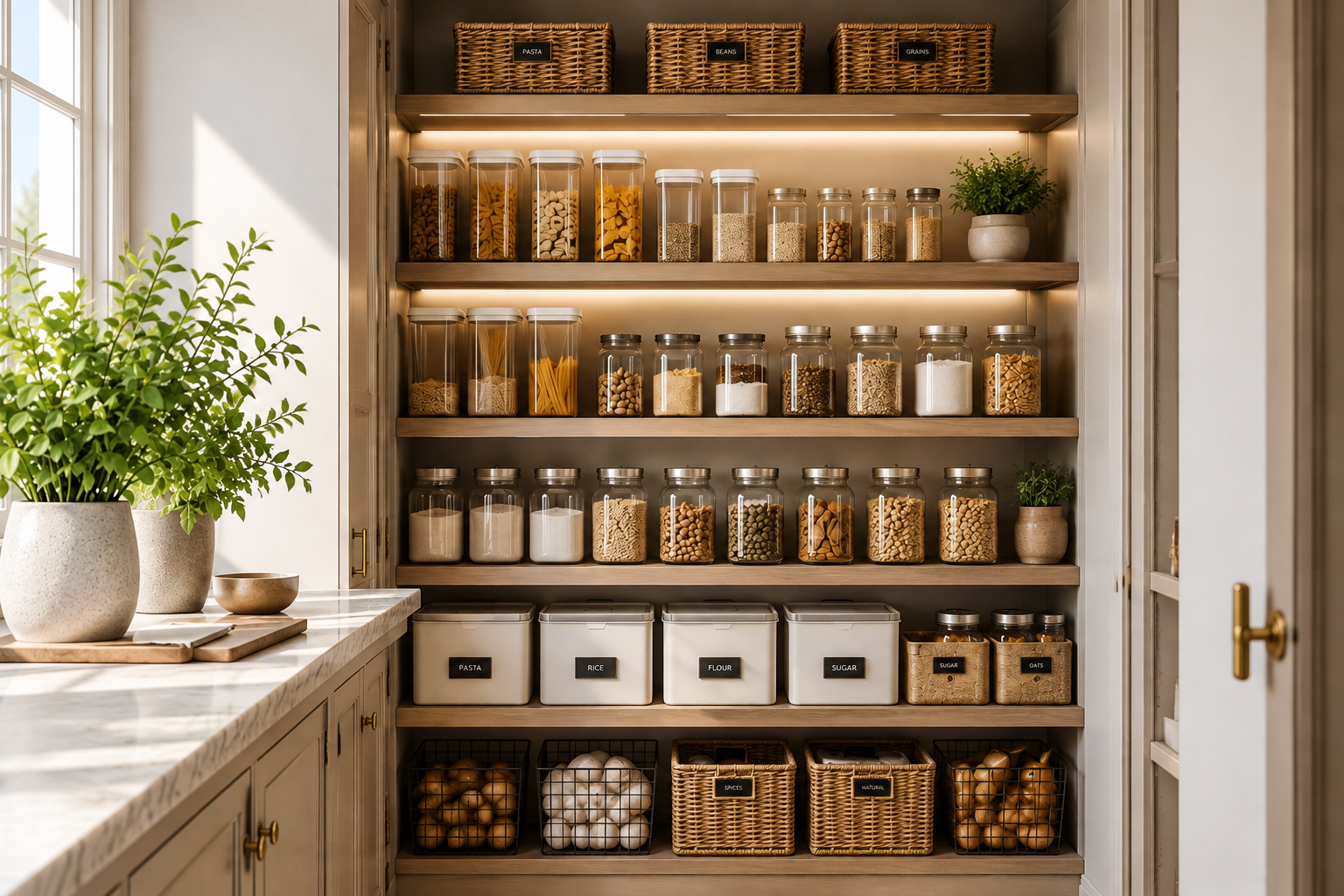 Organized pantry with storage jars, baskets, and practical shelving