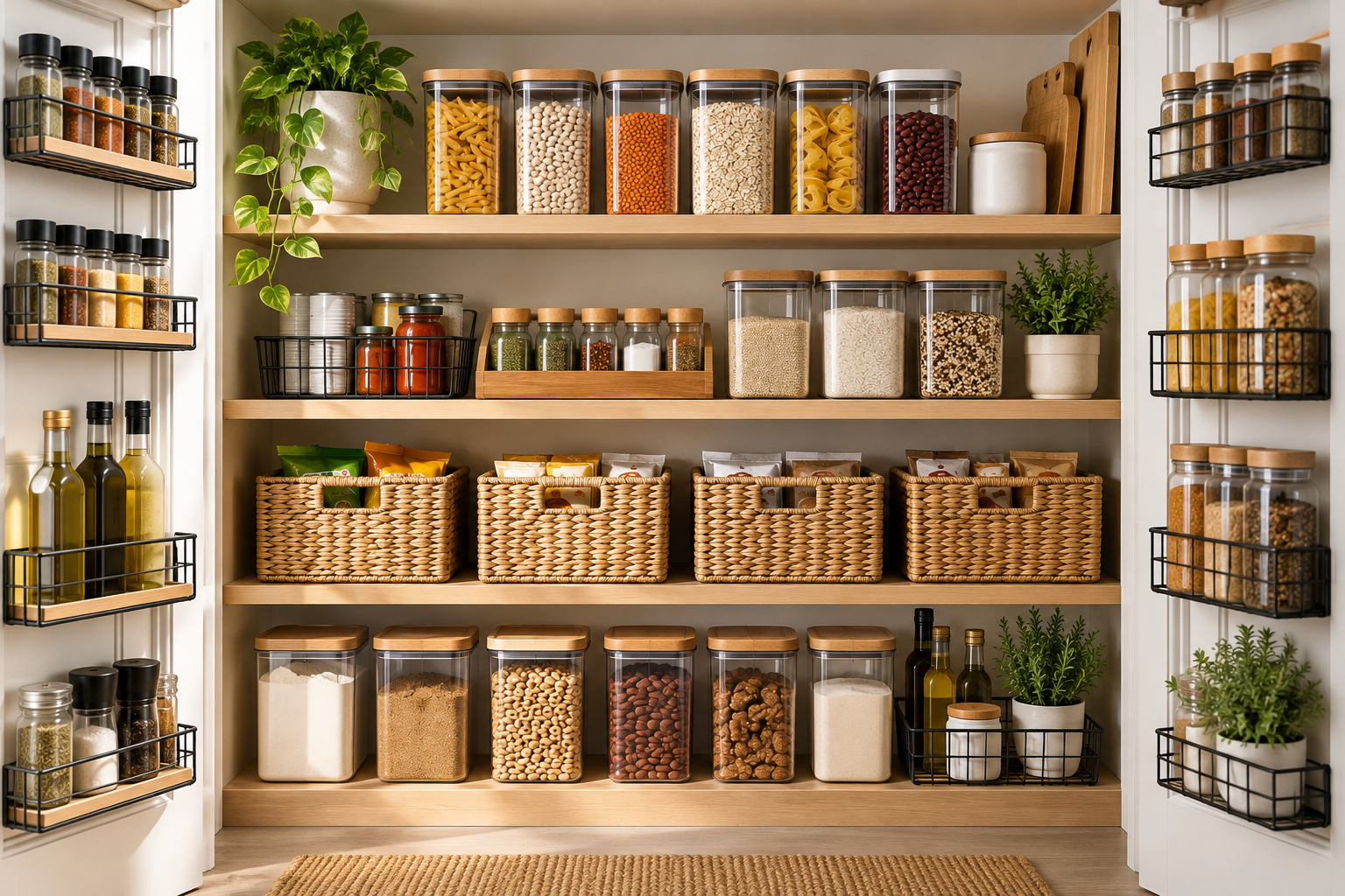 Organized pantry with storage containers, baskets, shelves, and door racks
