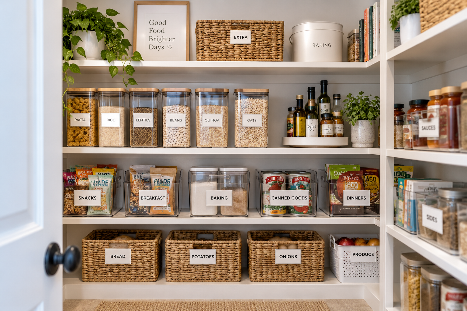 Organized pantry with clear containers and labeled storage bins