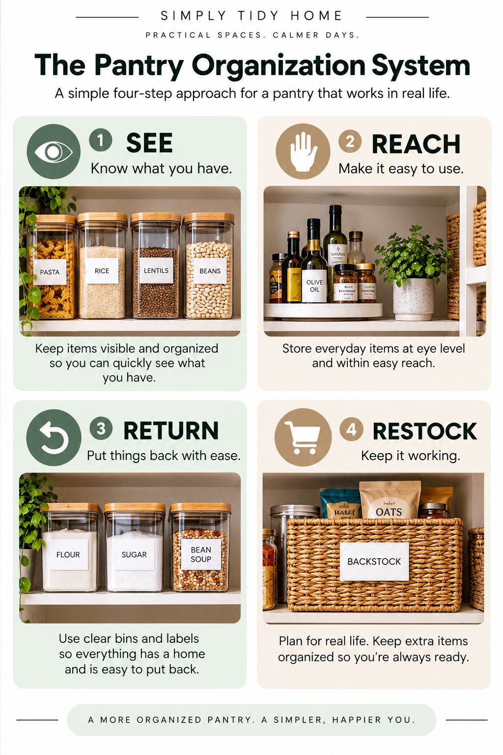 Pantry organization system showing SEE, REACH, RETURN, and RESTOCK