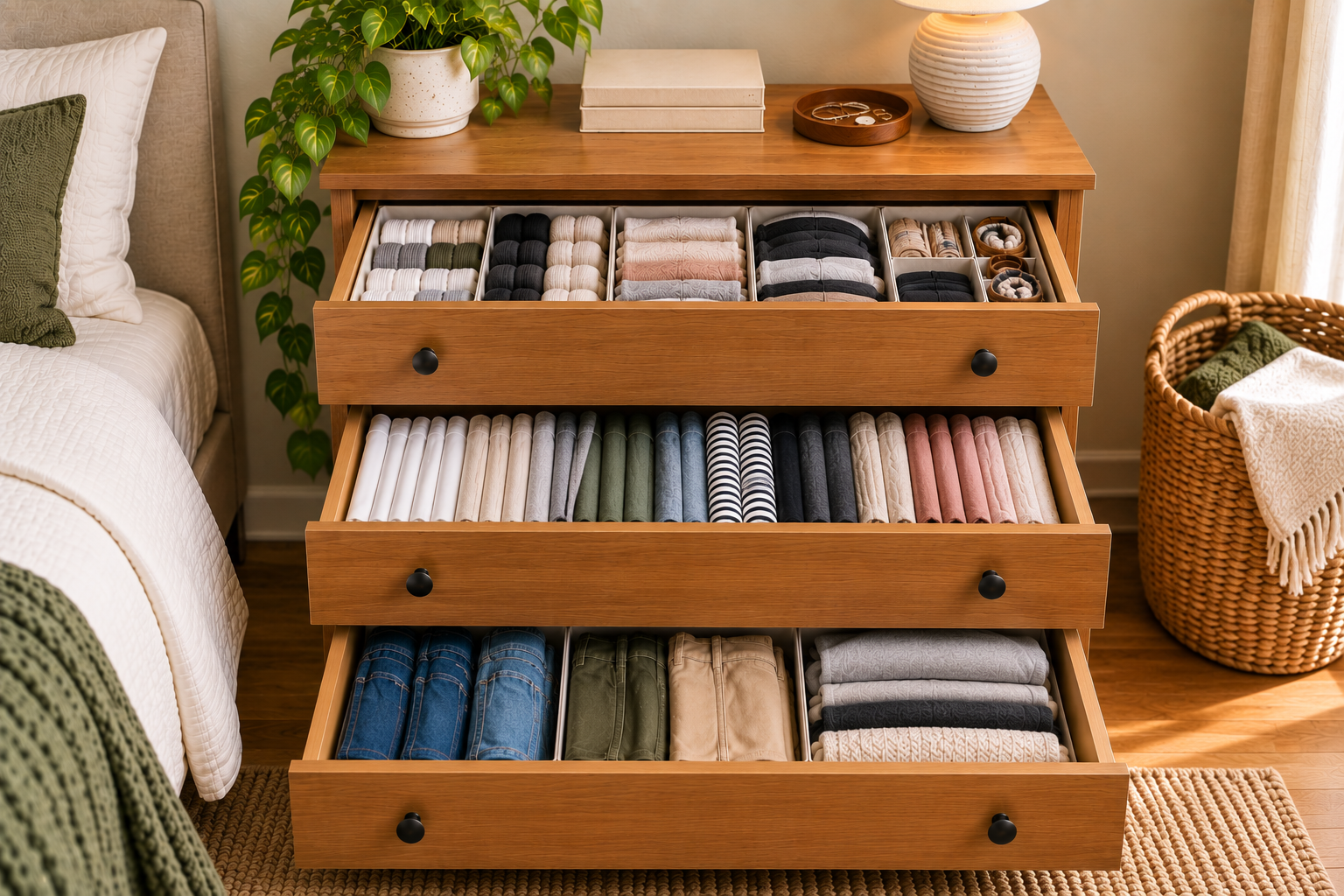 Simple reset system for keeping a small dresser organized after laundry