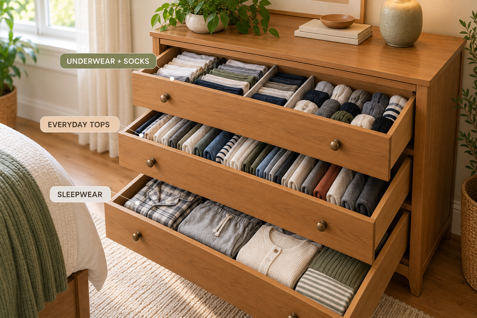 Bedroom drawers assigned to separate clothing categories for easier organization