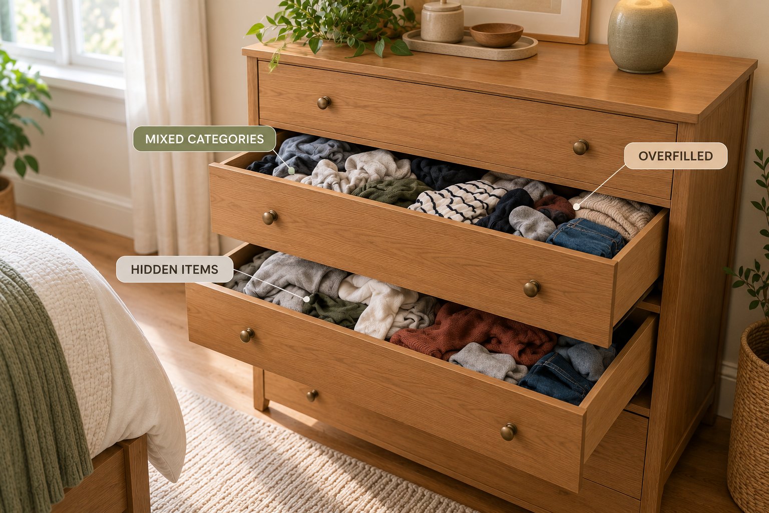 Overcrowded bedroom drawers with mixed clothing and hidden items