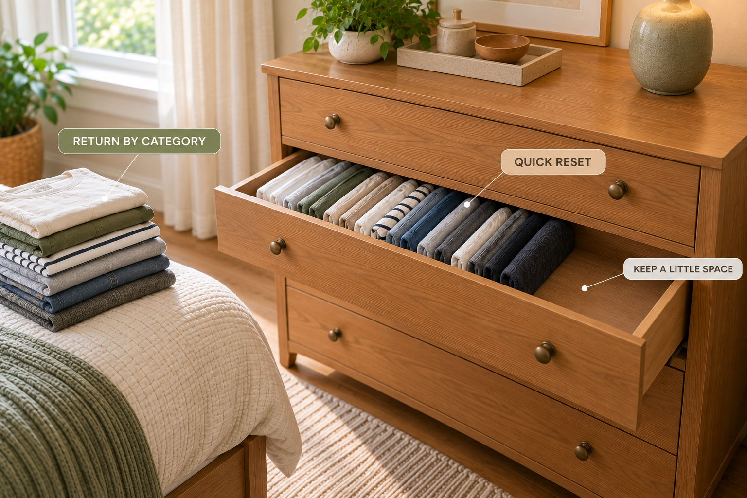 Simple bedroom drawer reset system with folded laundry ready to put away