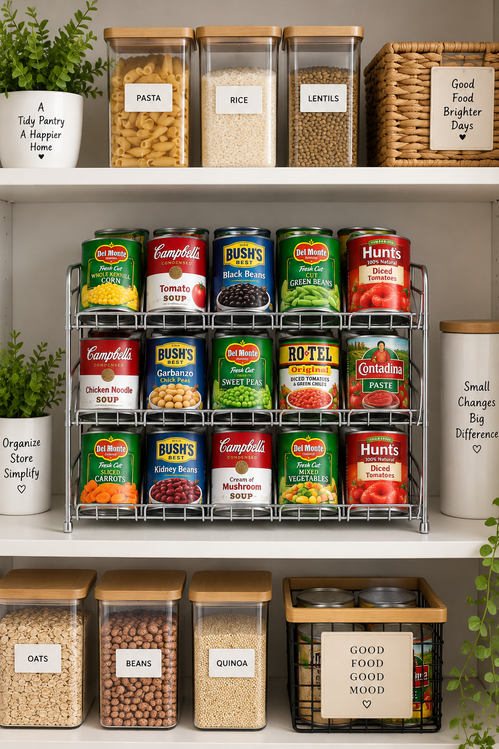 Organized pantry shelf with canned foods arranged in a tiered can organizer