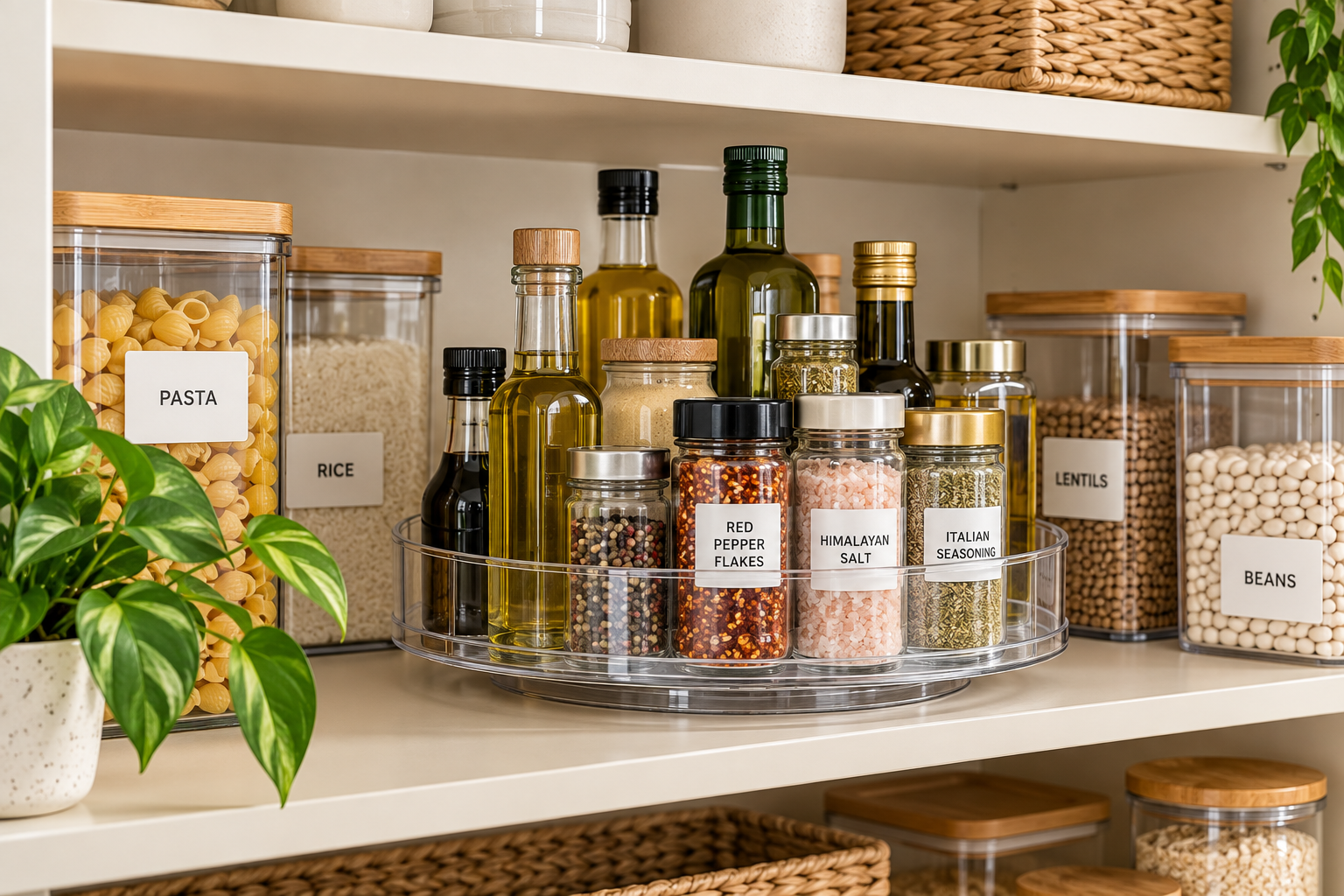 Organized pantry shelf with a clear lazy Susan holding spices, oils, sauces, and pantry staples