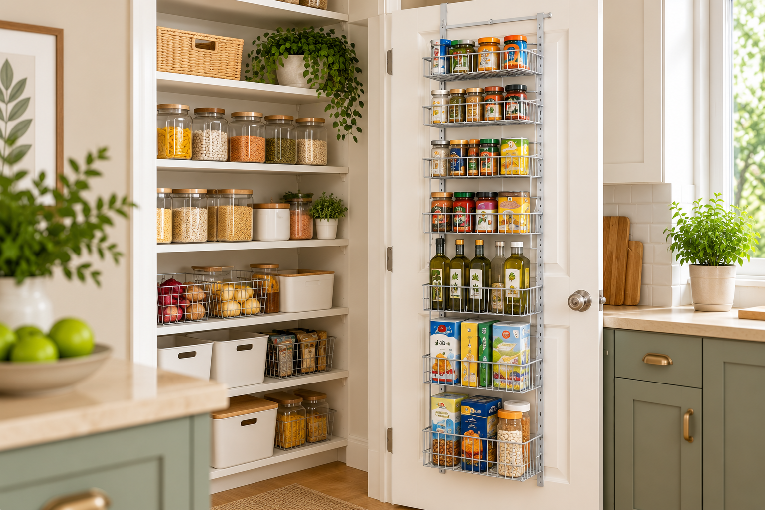 Pantry door with an over-the-door organizer adding accessible storage without blocking the pantry shelves