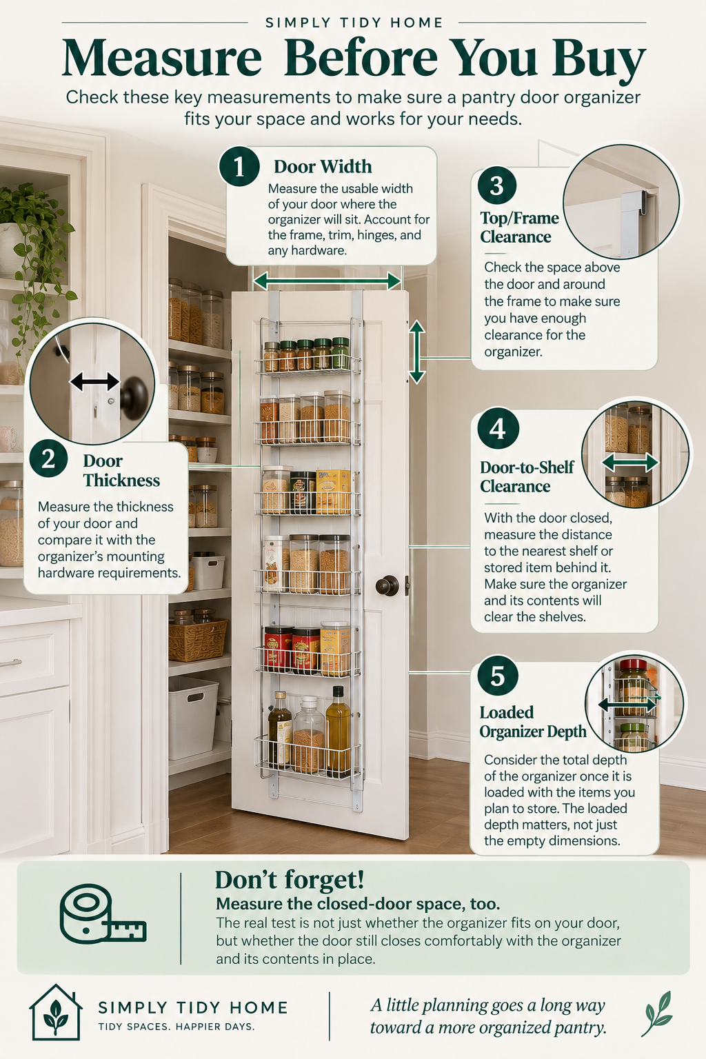 Pantry door organizer measurement guide showing door width, door thickness, top clearance, door-to-shelf clearance, and loaded depth