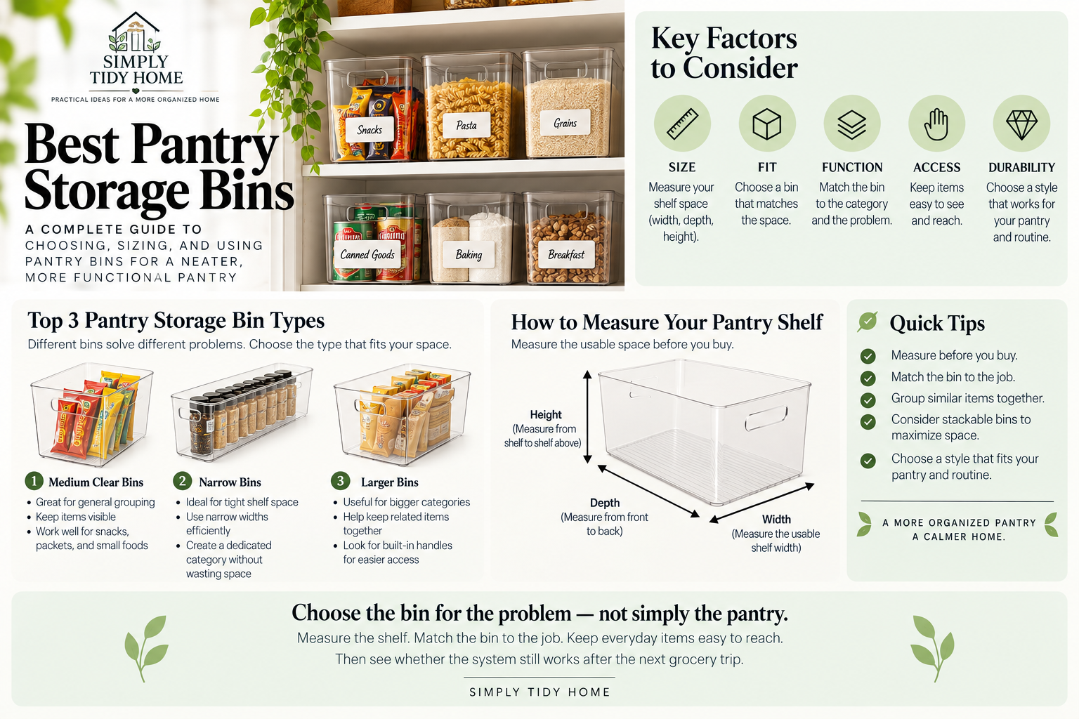 Pantry storage bin guide showing five bin types, key selection factors, and how to measure shelf height, depth, and width