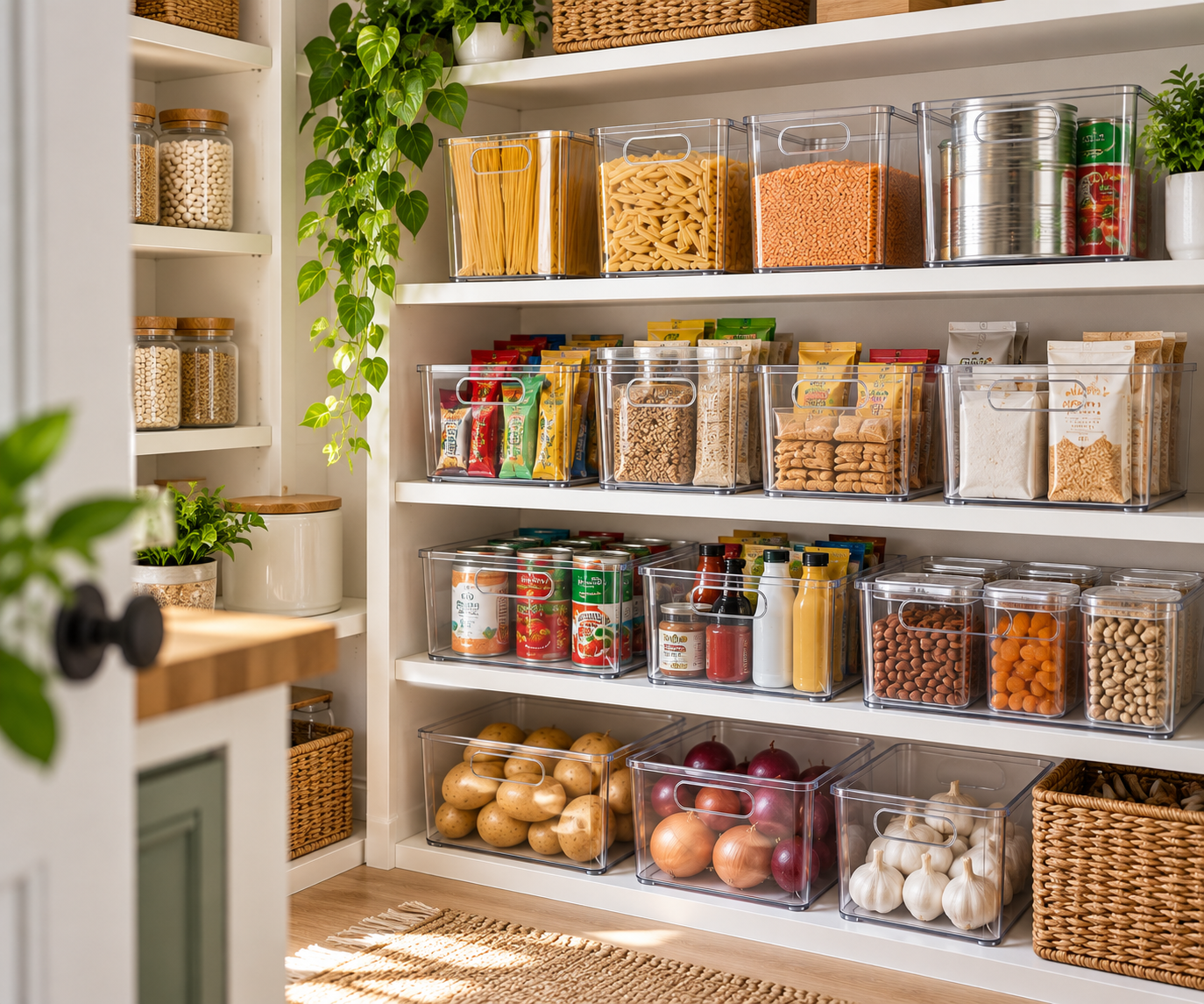 Organized pantry with clear storage bins for packaged foods, grains, snacks, and pantry staples