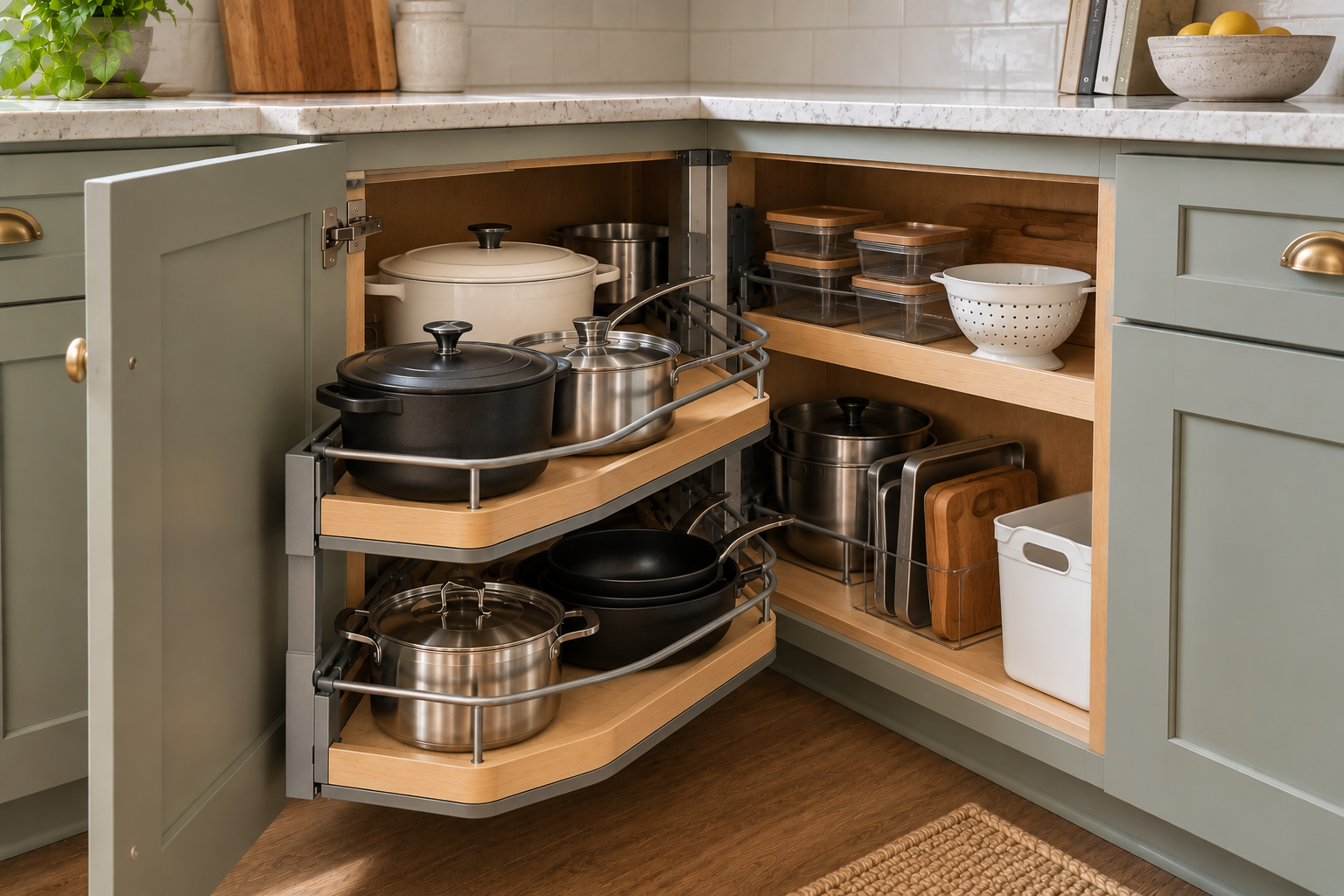Blind corner kitchen cabinet organized into accessible and deeper storage zones