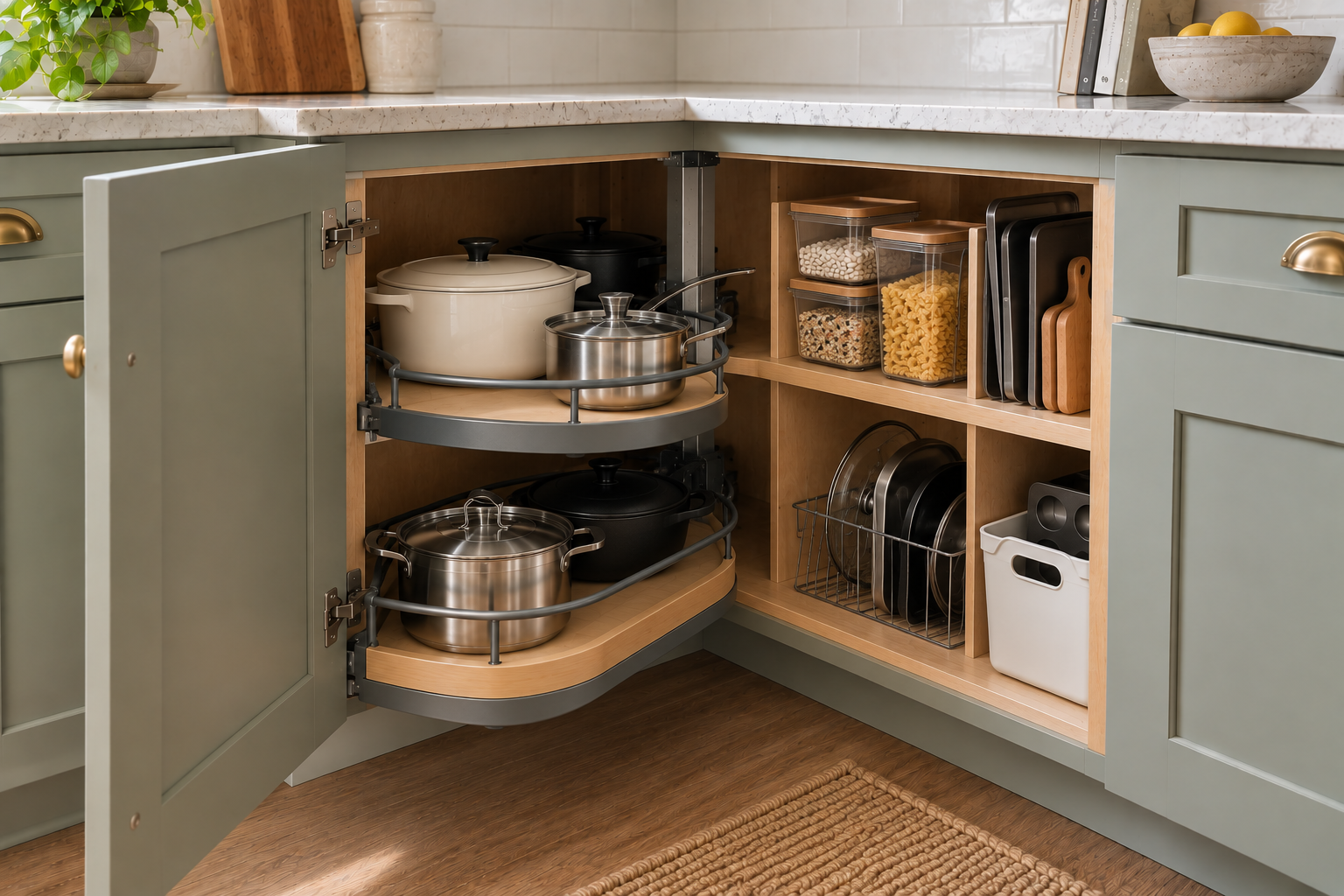 Blind corner kitchen cabinet with rotating storage and organized shelf zones