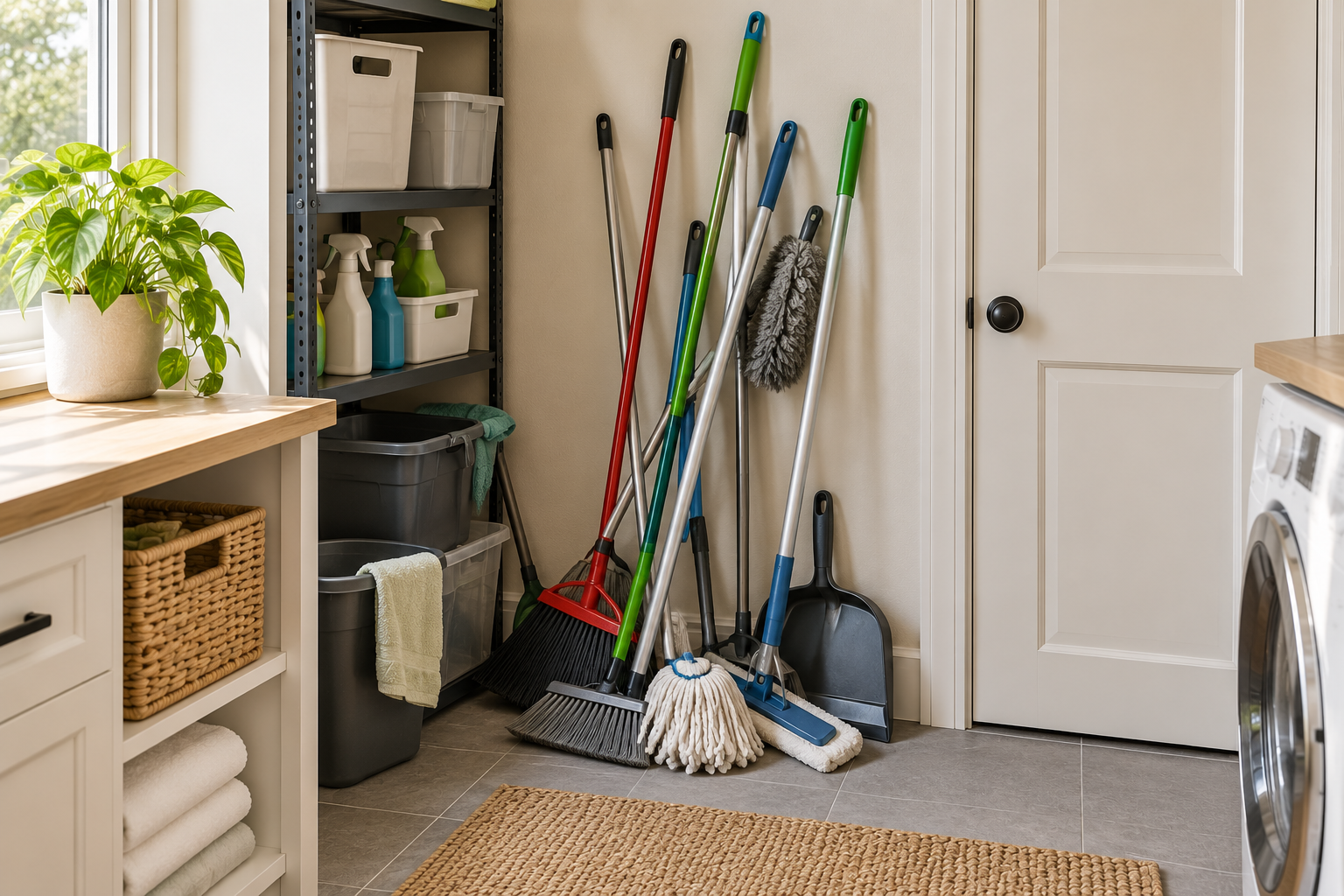 Brooms, mops, dusters, and dustpans crowded together in a small utility area
