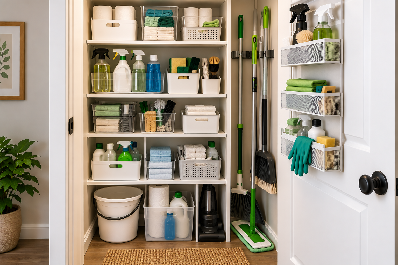 Practical small cleaning closet storage system with accessible supplies tools and separate backup storage