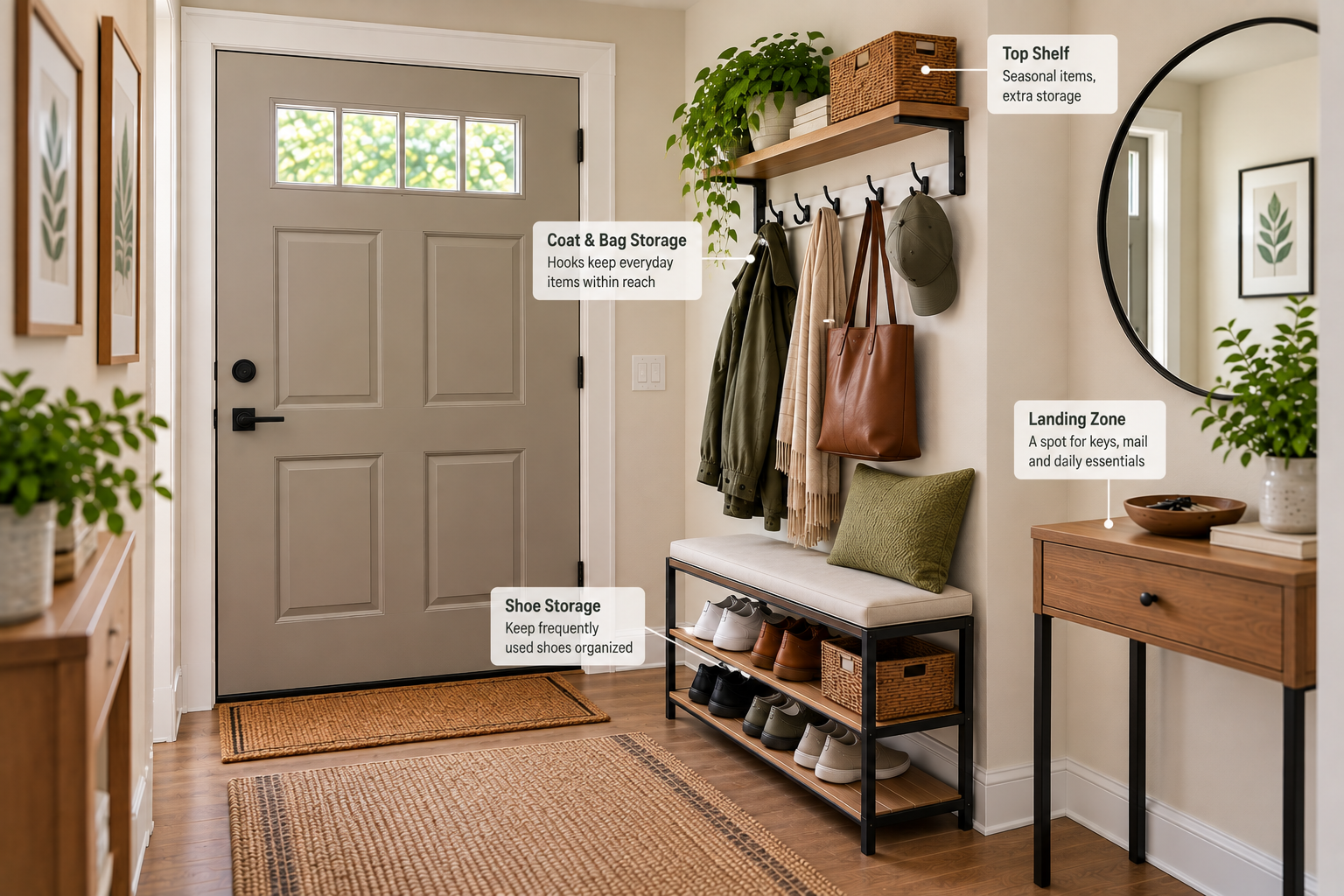 Practical small entryway storage system with coat bag shoe and landing zones