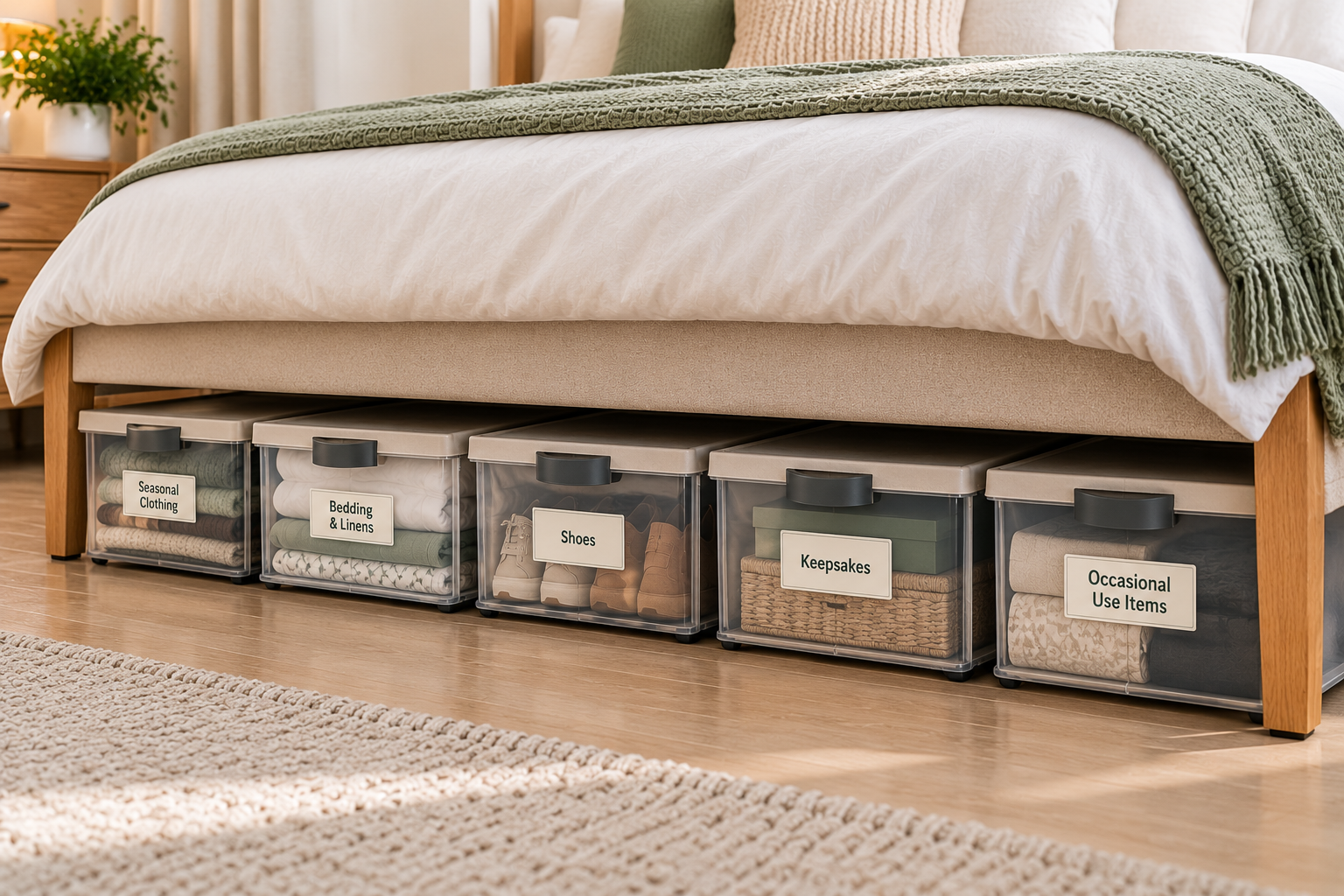 Practical under-bed storage system with labeled categories arranged for easy retrieval