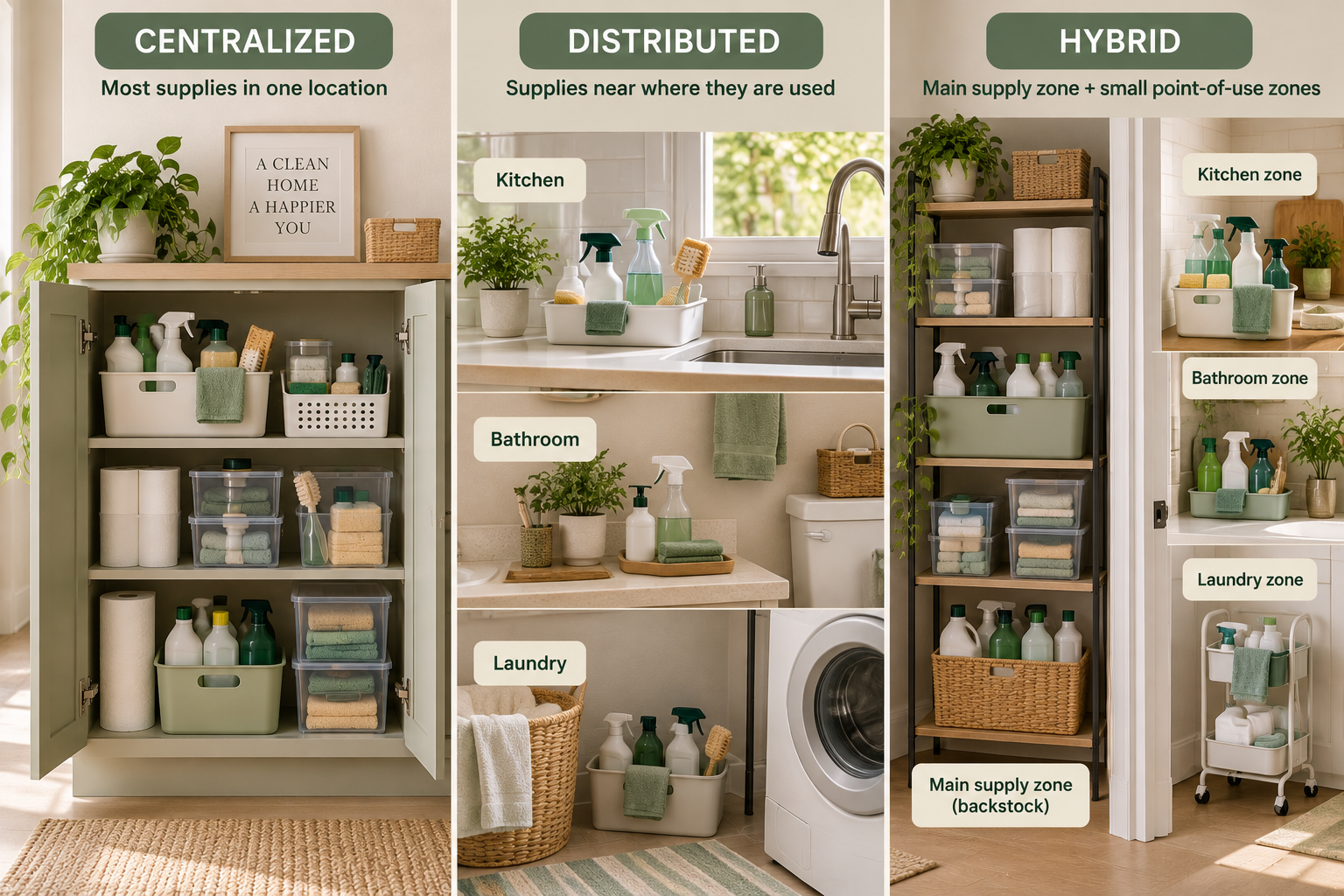 Centralized, distributed, and hybrid ways to organize cleaning supplies without a cleaning closet
