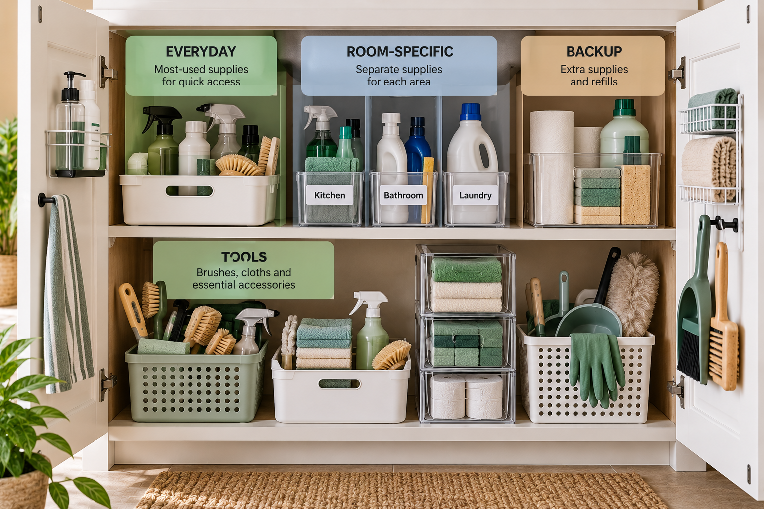 Cleaning supplies organized into everyday, room-specific, backup, and tool zones