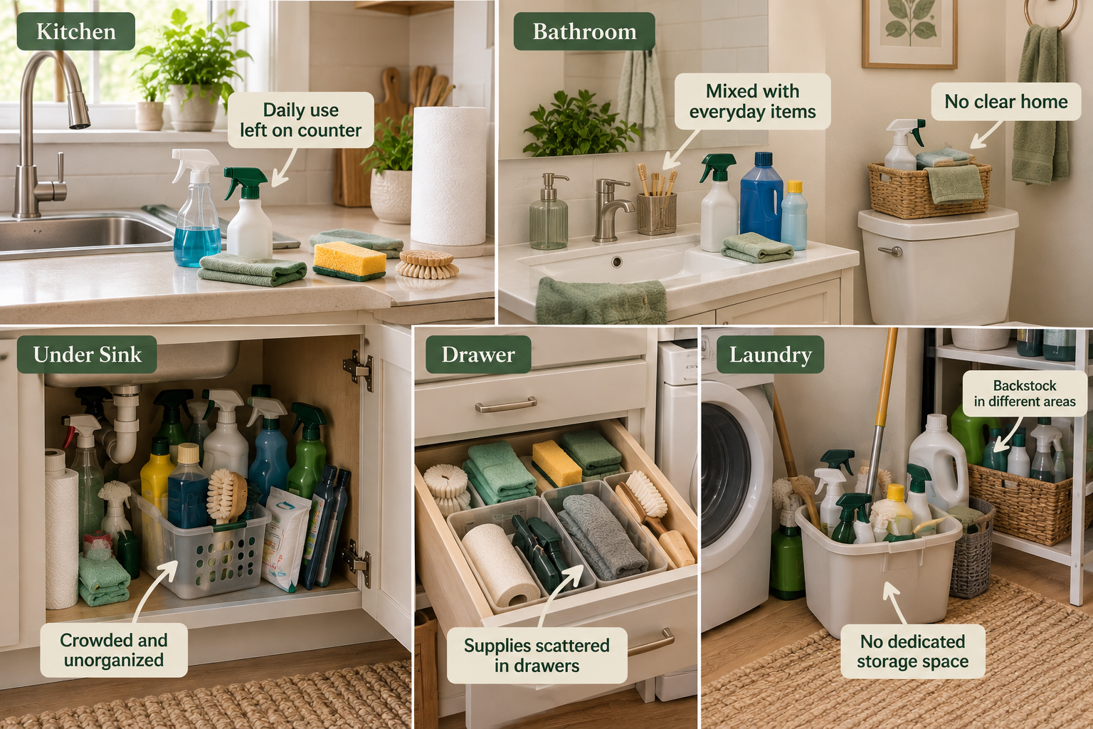 Cleaning supplies scattered between kitchen, bathroom, and storage areas without a dedicated closet