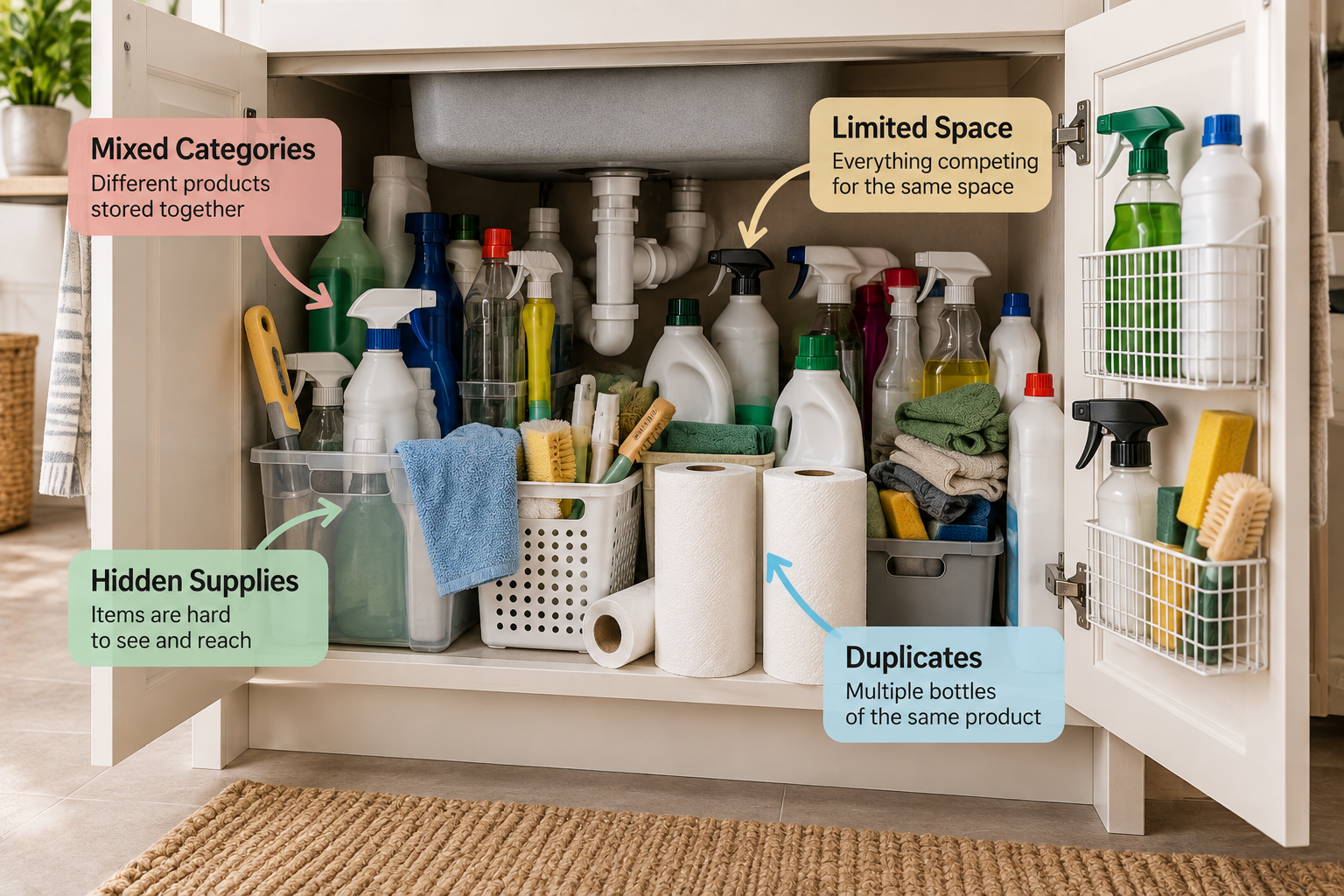 Cleaning supplies crowded together in limited small-space storage