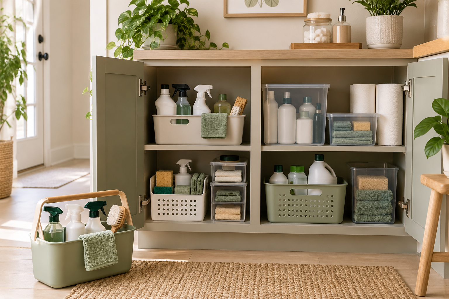 Cleaning supplies organized in a compact home without a dedicated cleaning closet