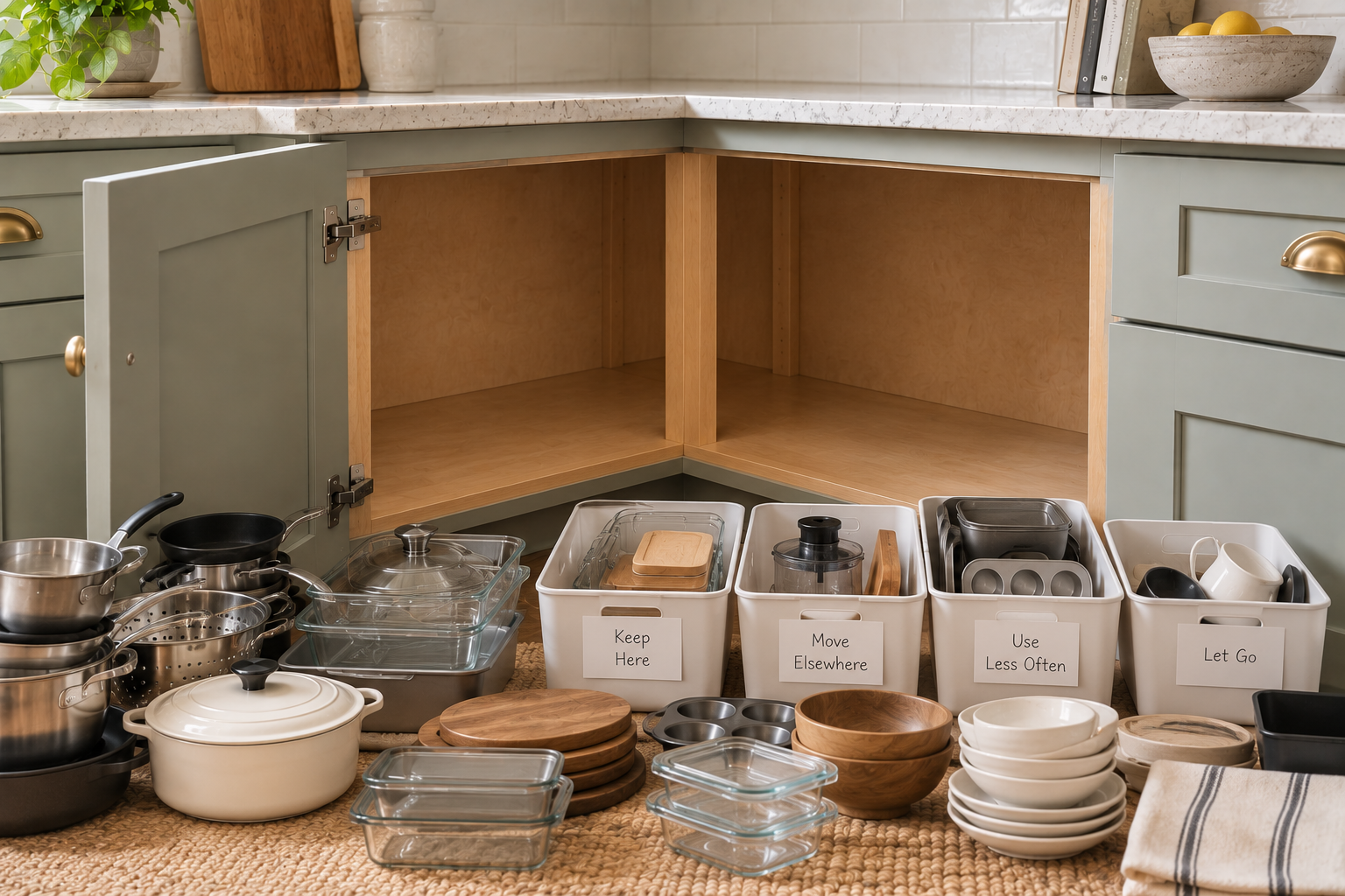 Kitchen items sorted before organizing a blind corner kitchen cabinet