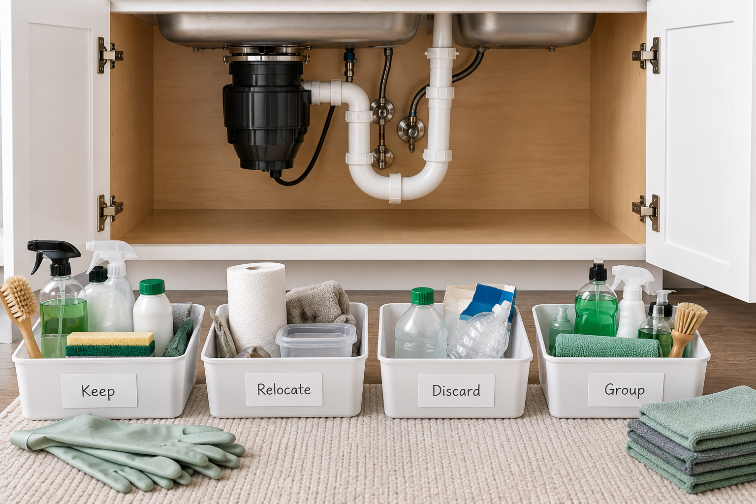 Cleaning supplies sorted before organizing an under-sink cabinet