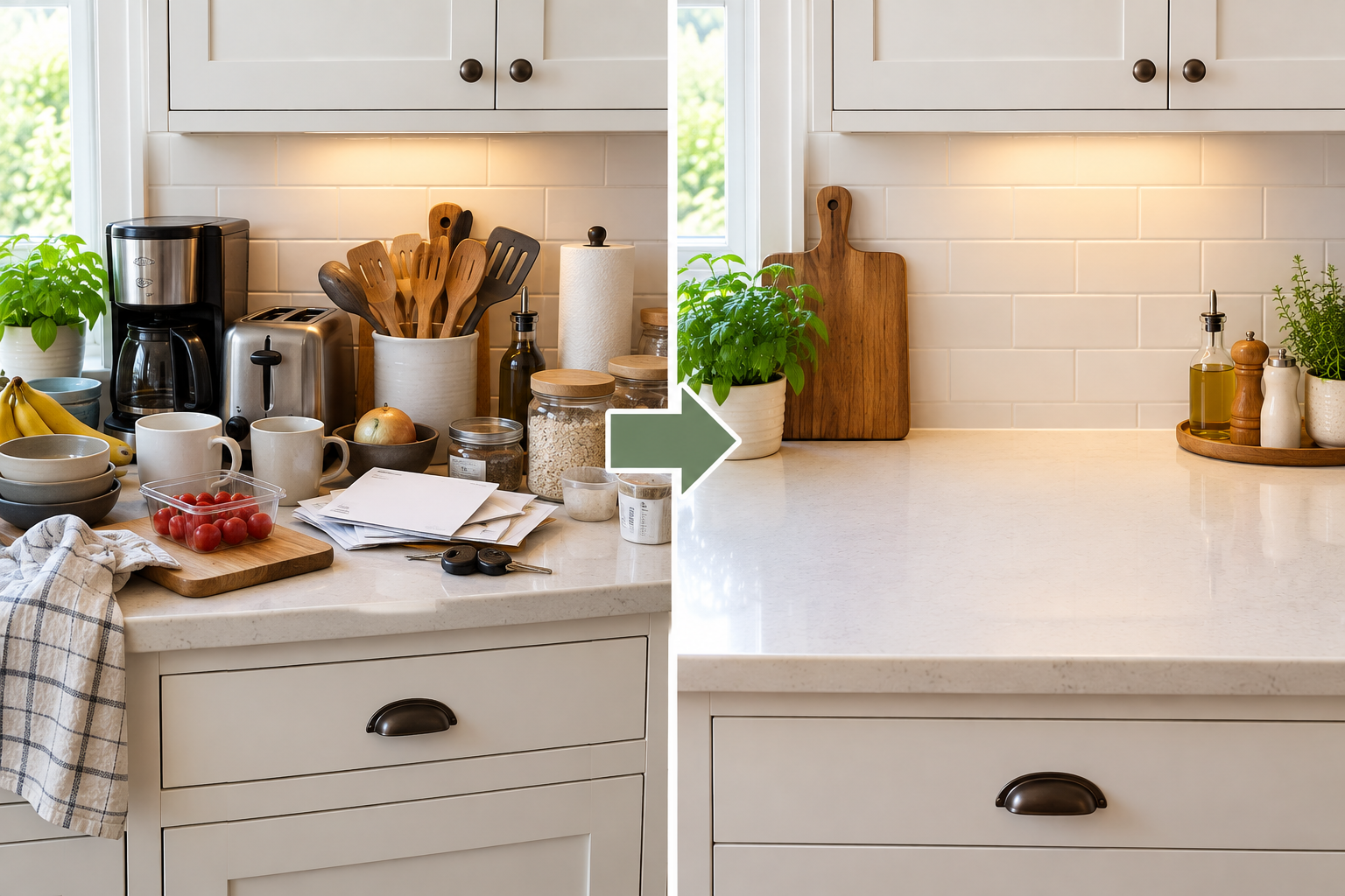 Kitchen counter before and after clearing away clutter to create more usable workspace
