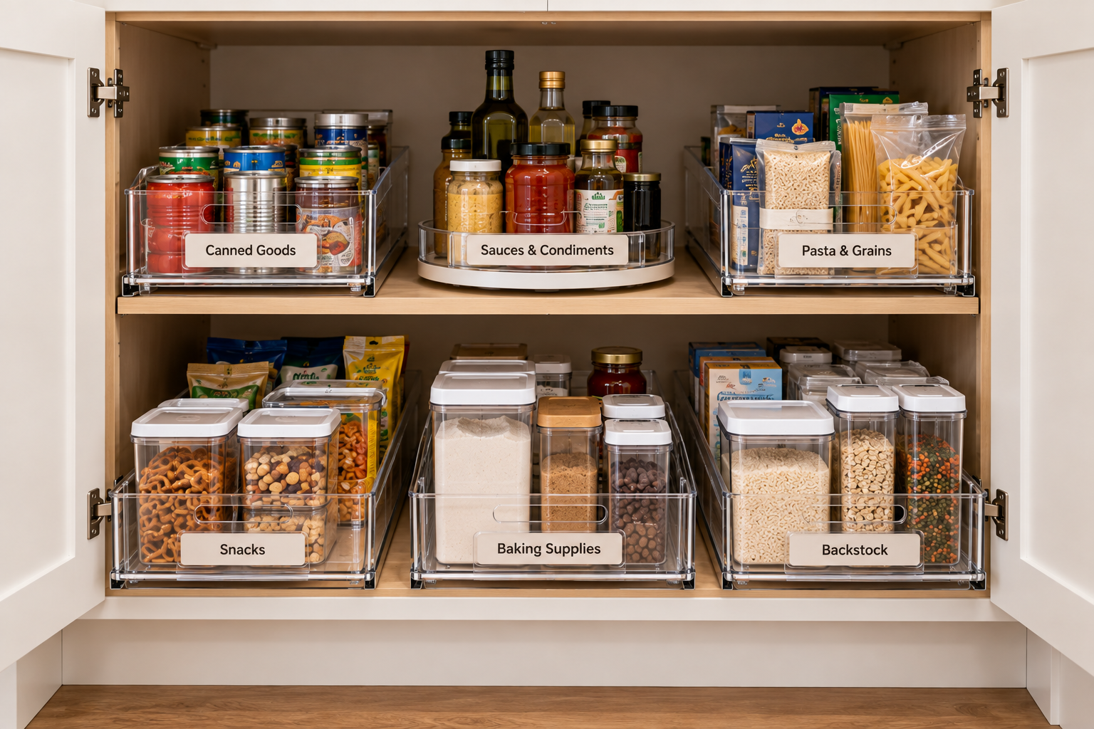 Deep kitchen cabinet organized with pull-out shelves to improve visibility and access to food