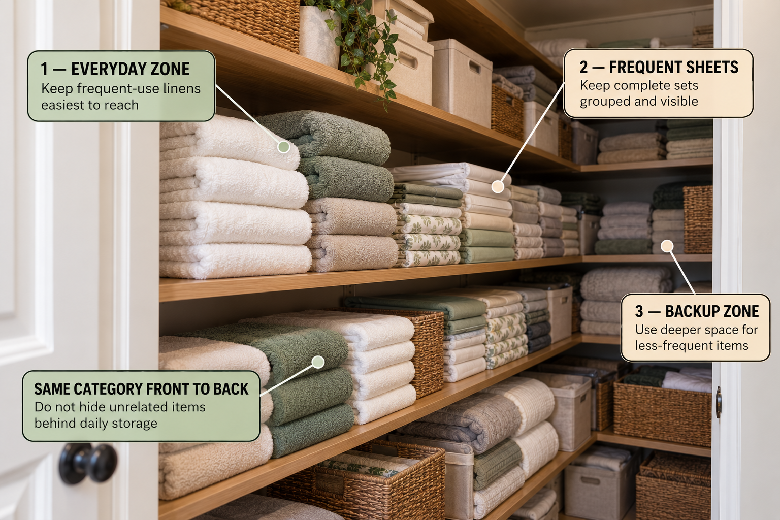 Deep linen closet divided into front middle and rear storage zones based on frequency and accessibility