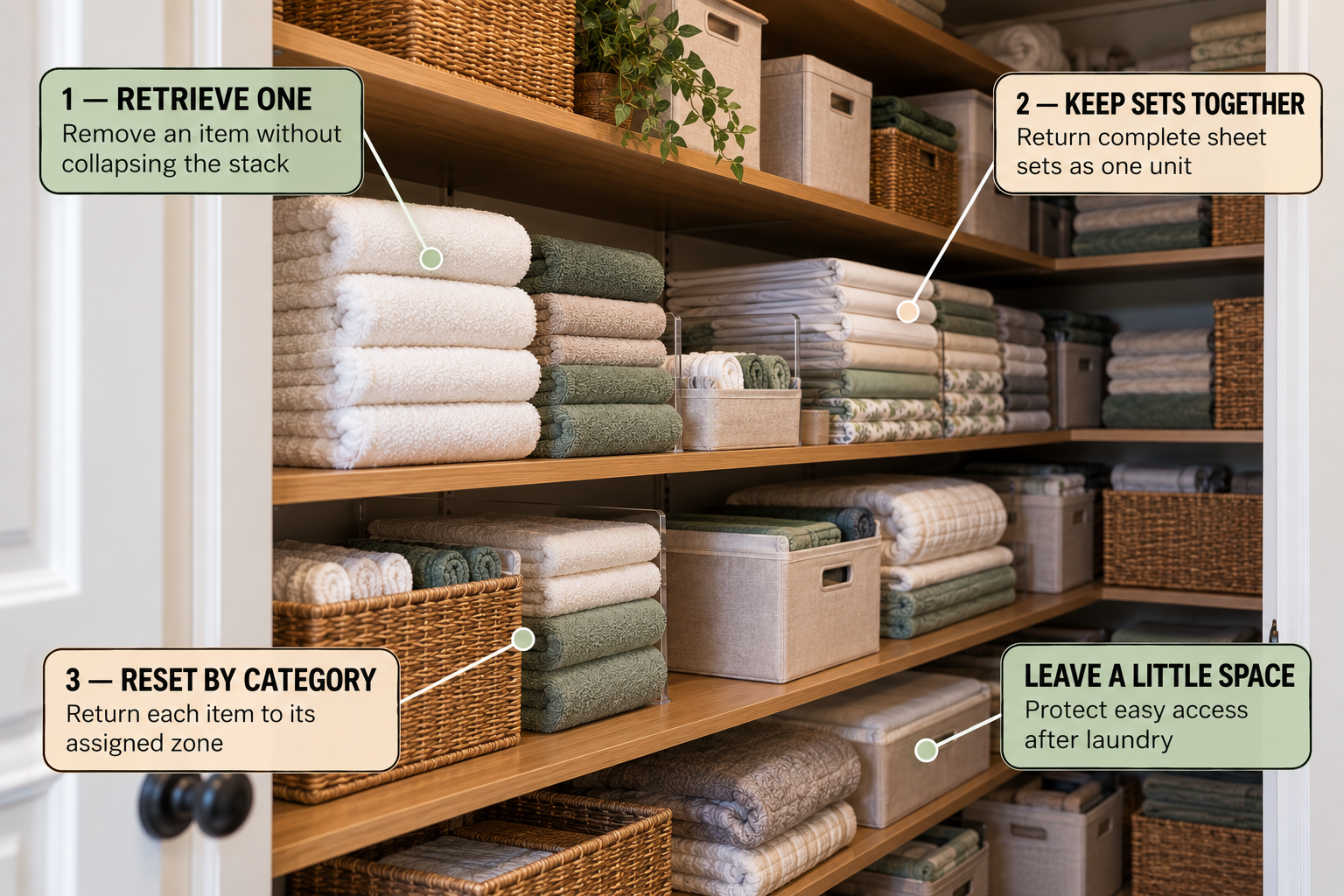 Deep linen closet arranged for one-item retrieval and easy laundry-day resetting