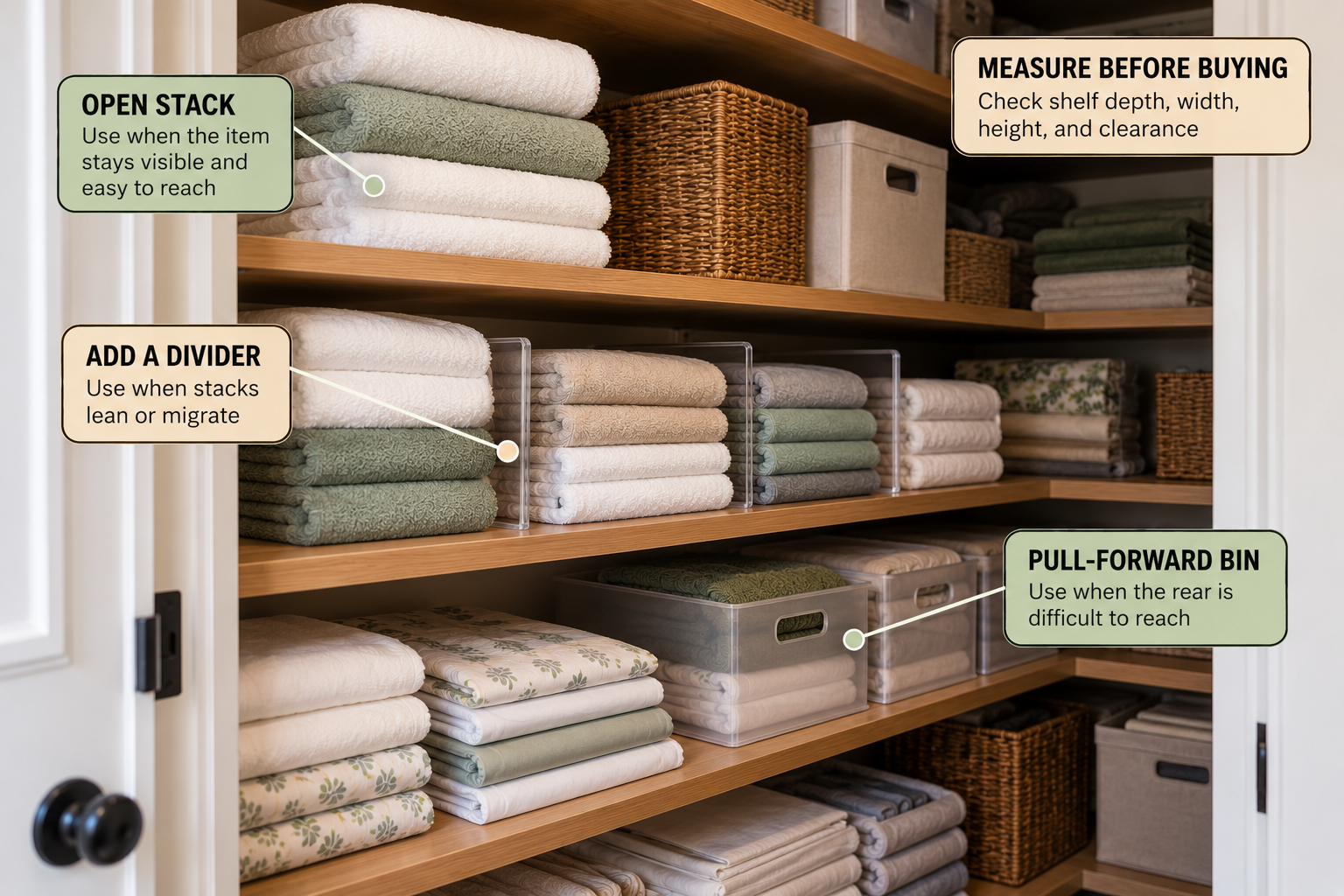 Deep linen closet showing stable stacks, shelf dividers, and pull-forward storage matched to different access problems