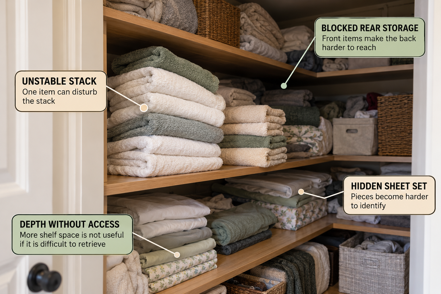 Deep linen closet showing hidden rear storage, blocked visibility, and unstable front stacks before organization