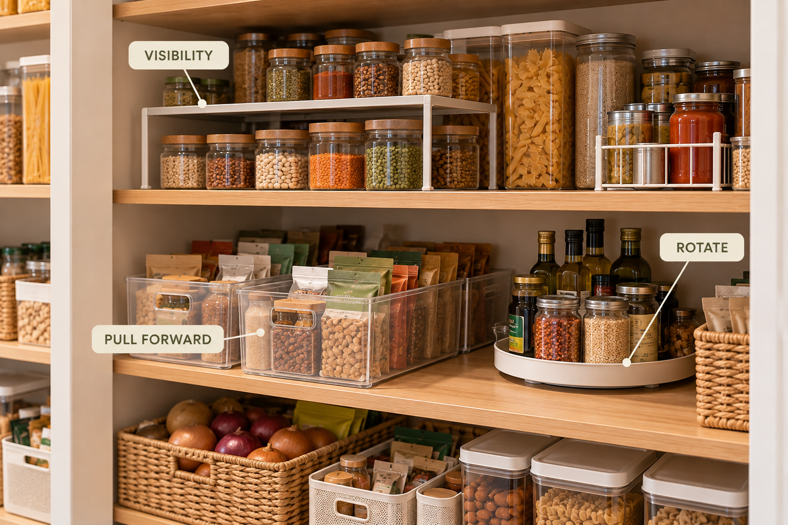 Deep pantry shelf organization using risers pull-forward bins and a turntable for access