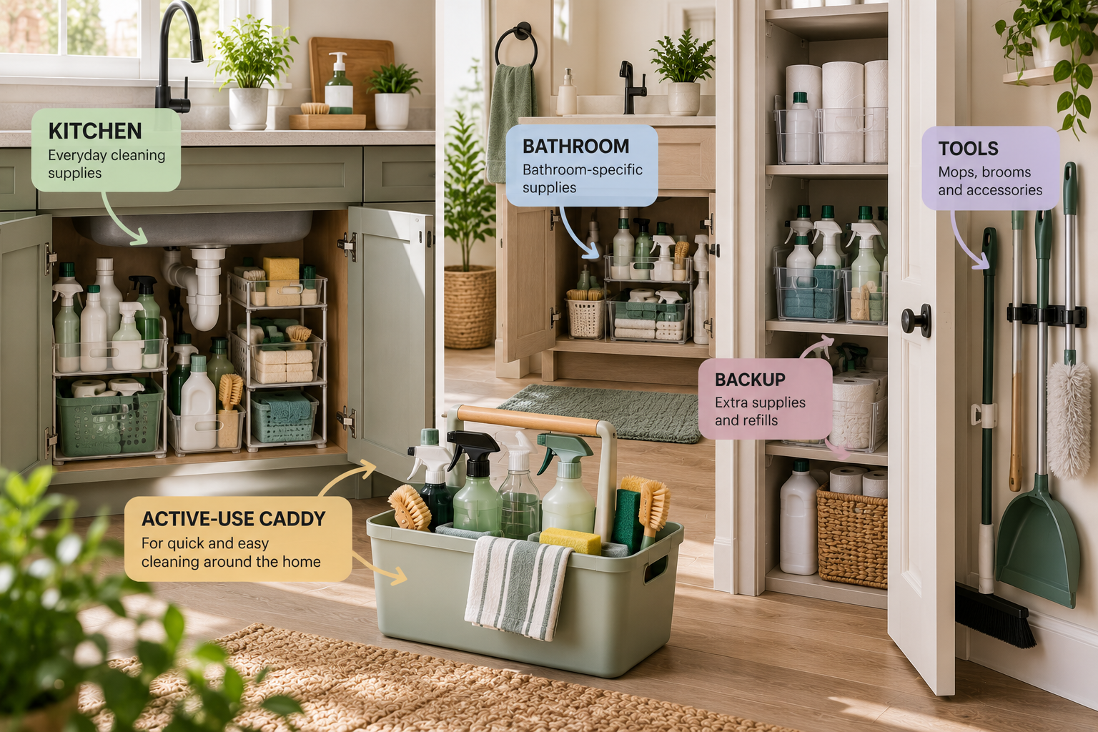 Distributed cleaning supply storage system using kitchen, bathroom, caddy, and backup zones