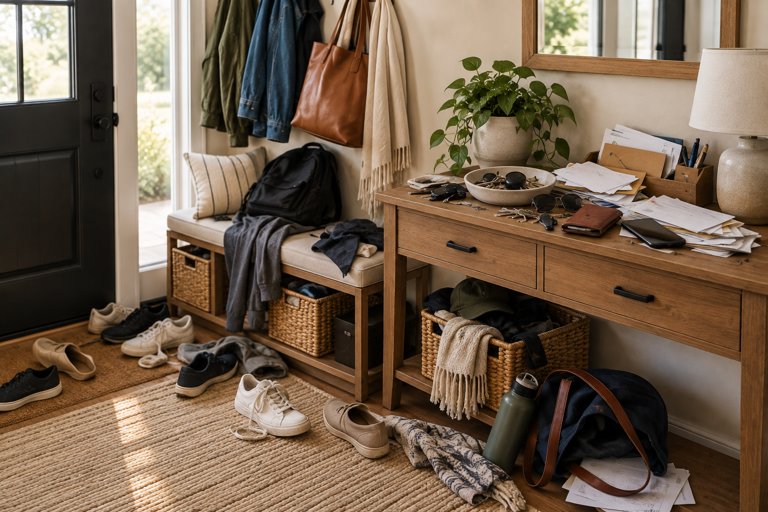 Entryway clutter with scattered shoes, bags, keys, mail, coats, and everyday items without designated homes