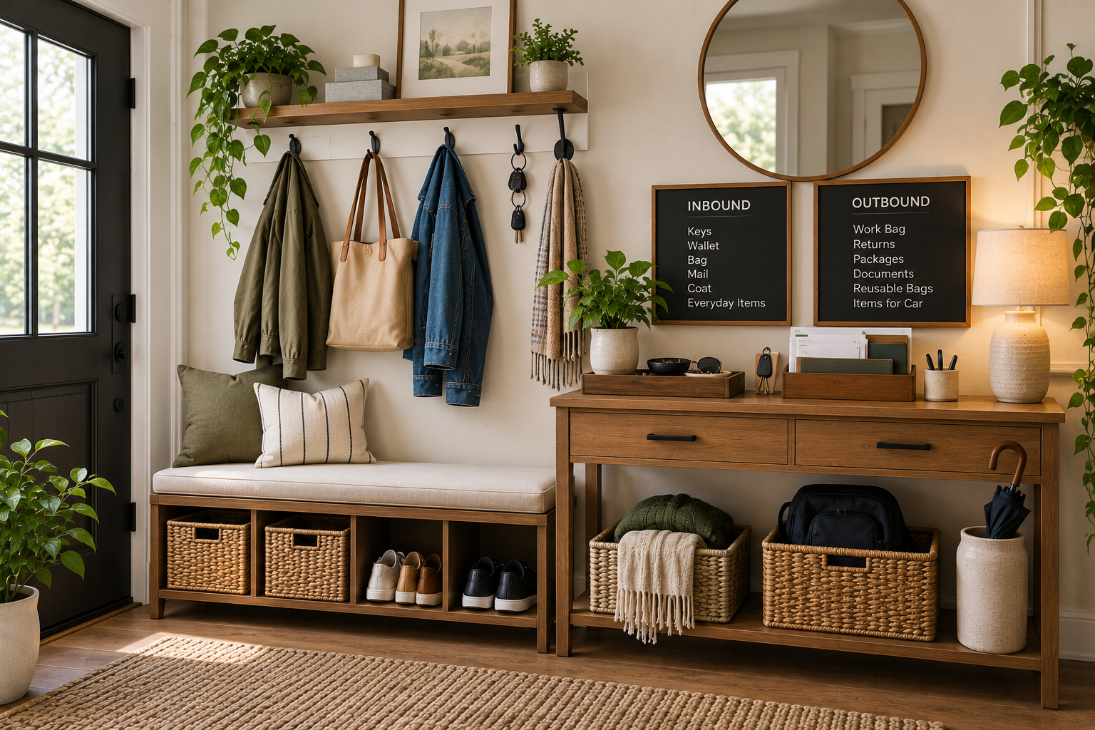 Organized entryway drop zone with dedicated landing areas for keys, bags, mail, outerwear, and outgoing items