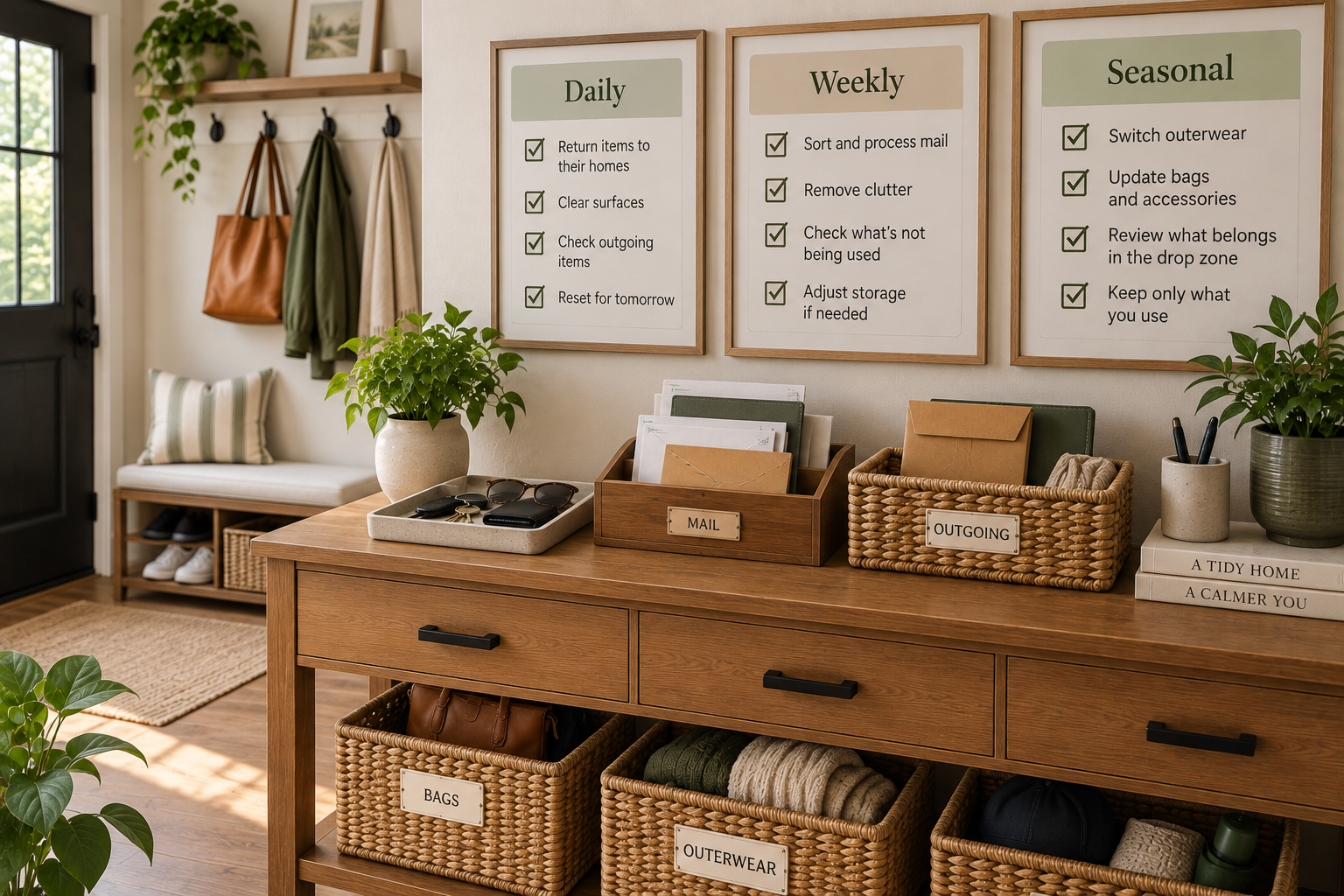 Entryway drop zone maintenance system showing daily, weekly, and seasonal reset routines
