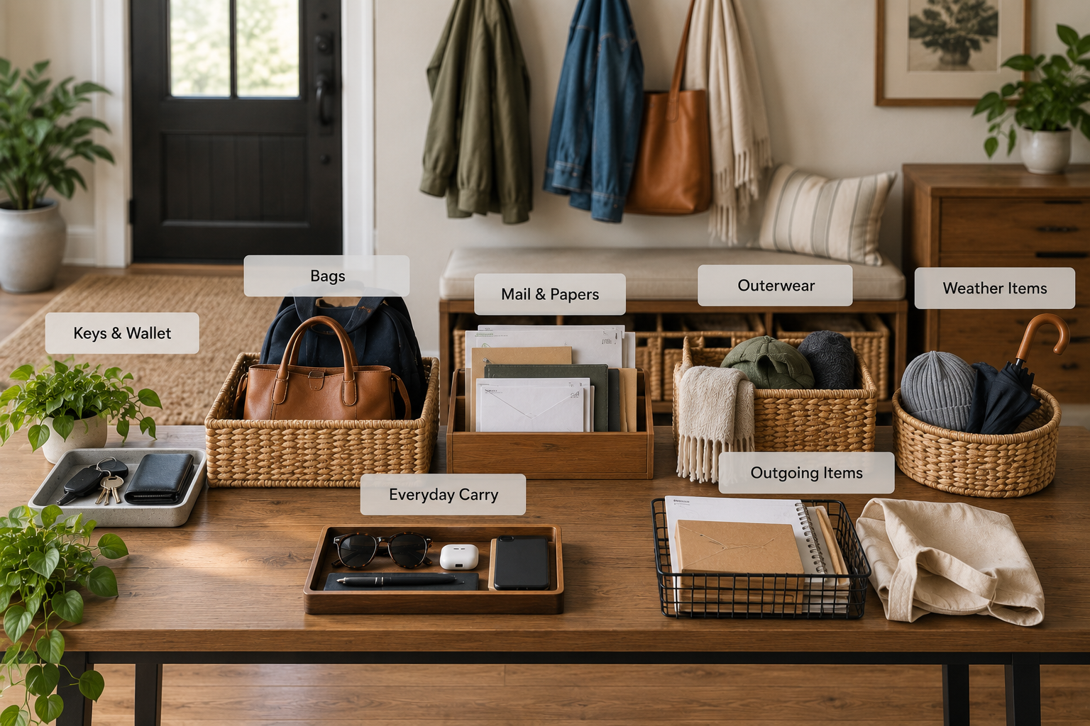 Entryway drop zone items sorted into keys and wallet, bags, mail, outerwear, weather items, everyday carry, and outgoing categories