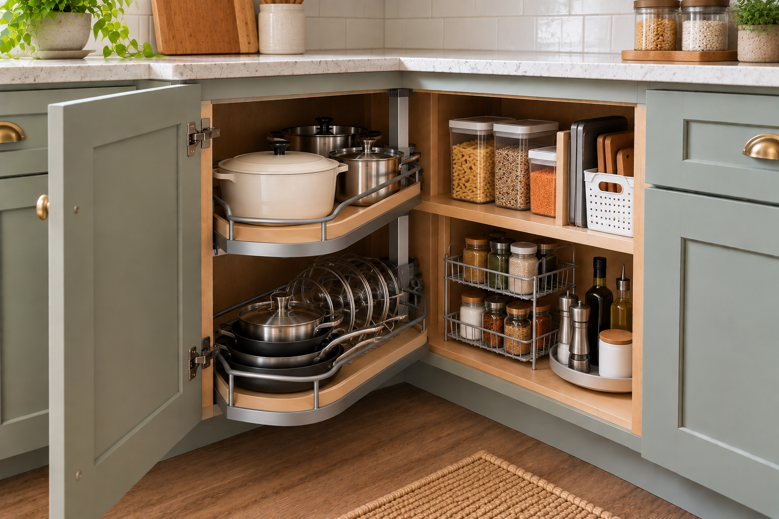Finished blind corner kitchen cabinet organized for easier access