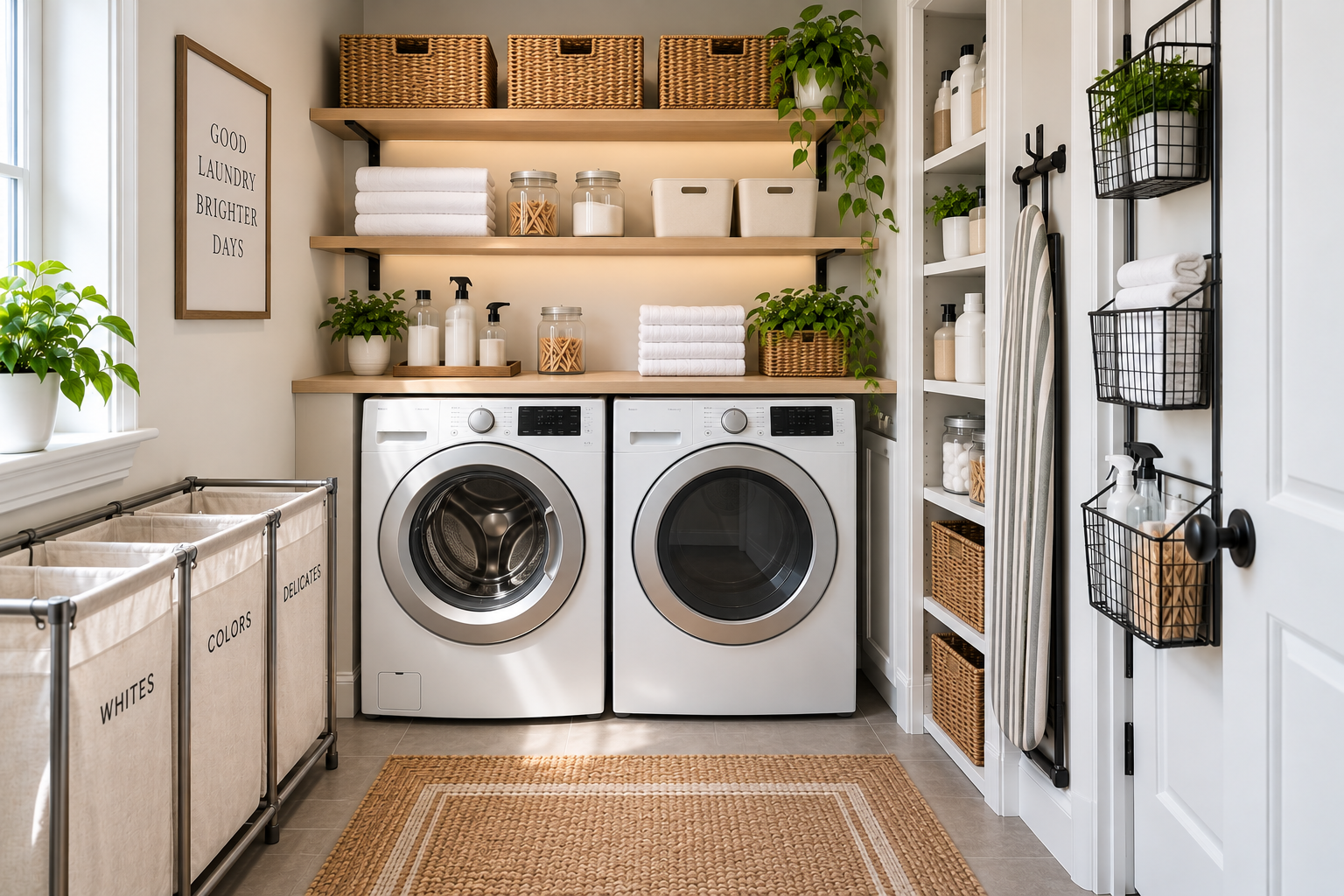 Finished small laundry room organization system with practical zones for sorting, supplies, storage, and clean laundry