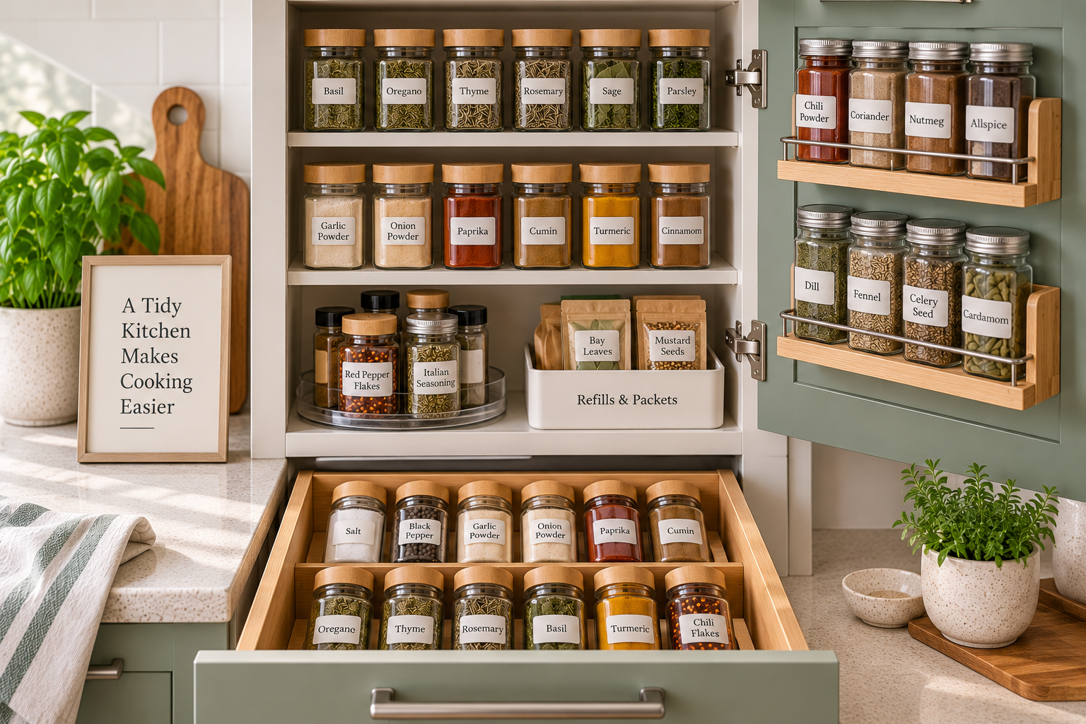 Finished spice organization system with organized cabinet, drawer, door, and refill zones in a small kitchen