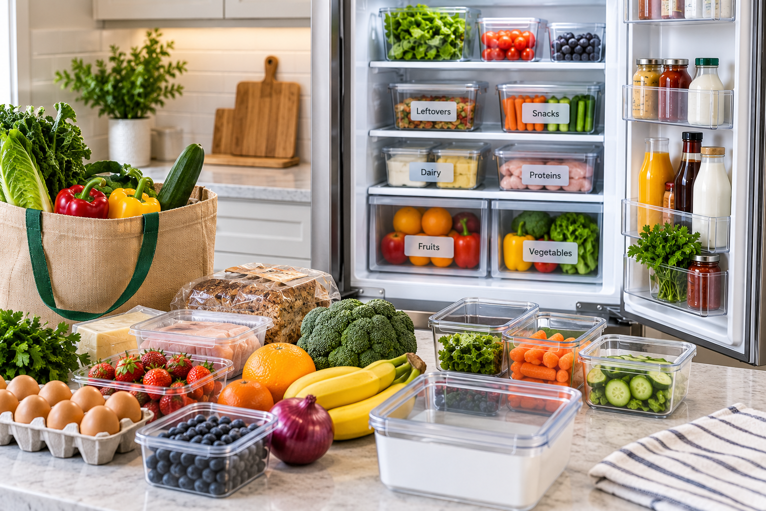 Groceries being sorted into categories before being put away in an organized refrigerator