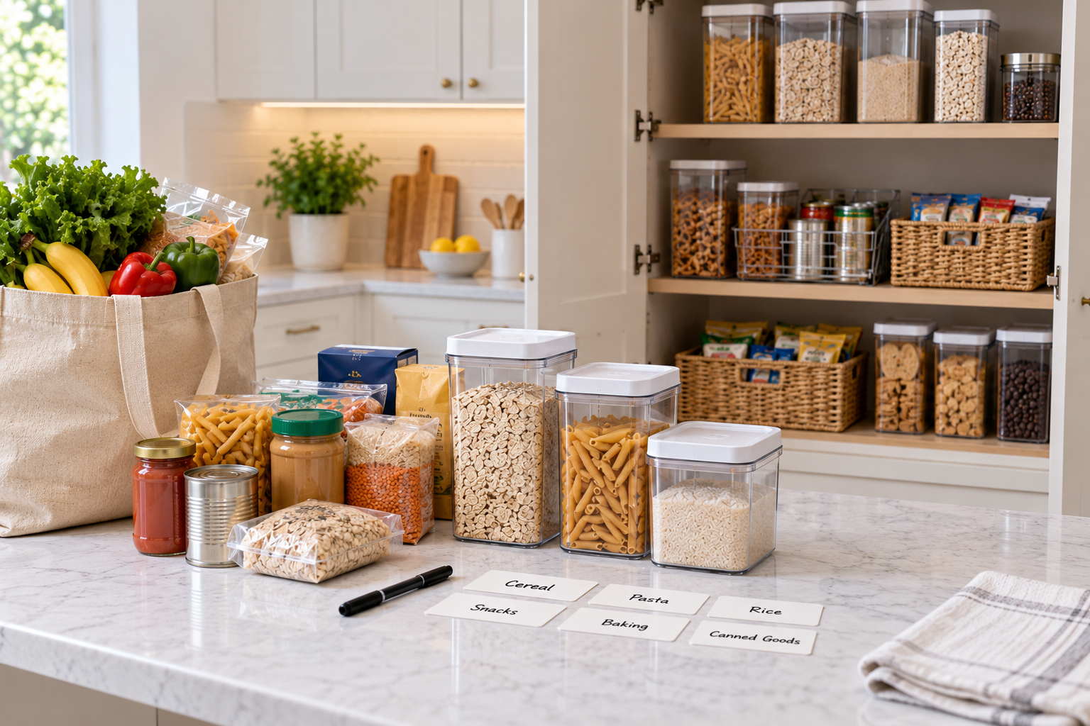 Groceries being sorted into categories before being put away in an organized kitchen