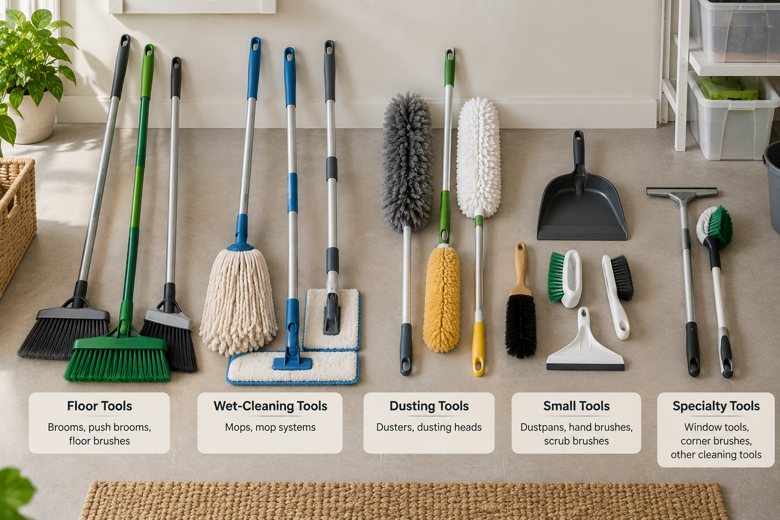 Cleaning tools grouped into floor tools, wet-cleaning tools, dusting tools, small tools, and specialty tools