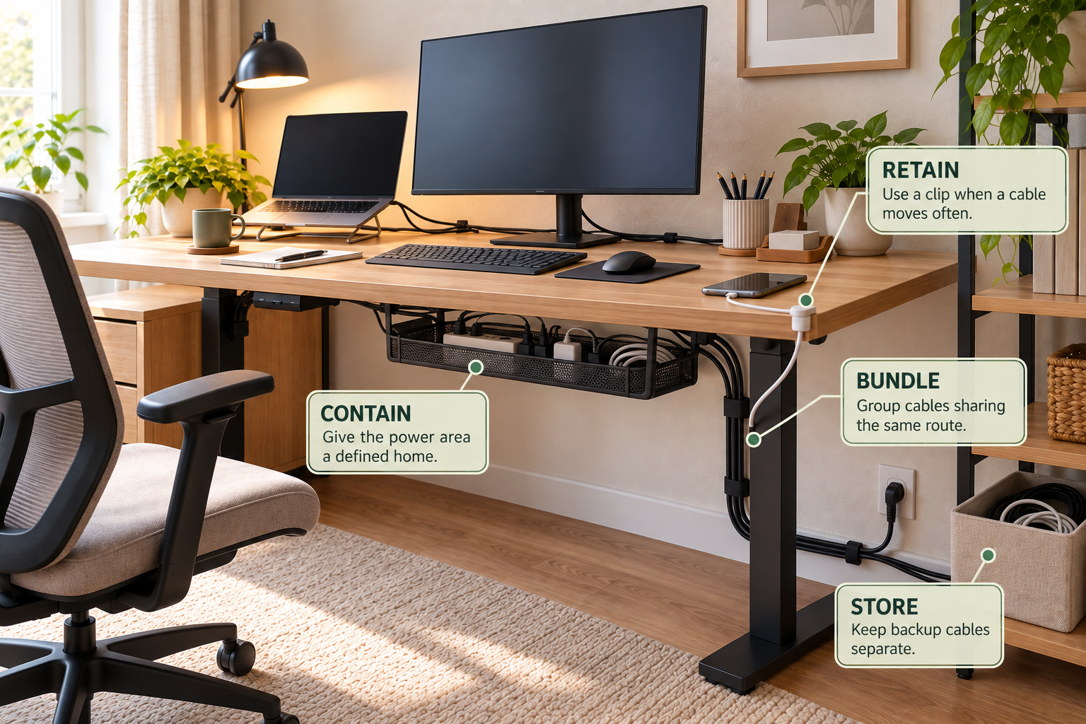 Home office cable organization showing an under-desk tray, cable routing channels, and separate backup cable storage