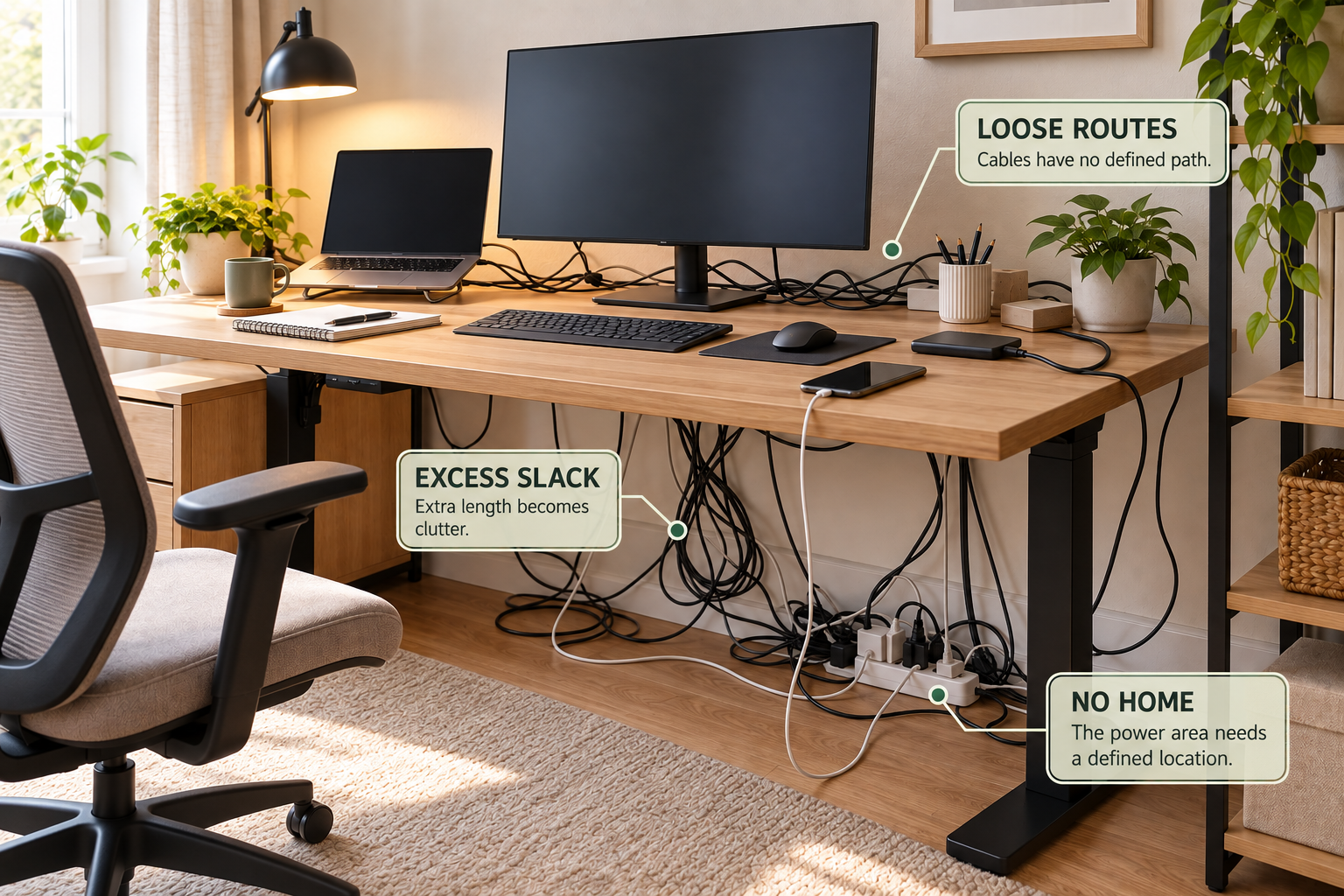 Common home office cable clutter with loose cords, excess cable length, and an undefined power area