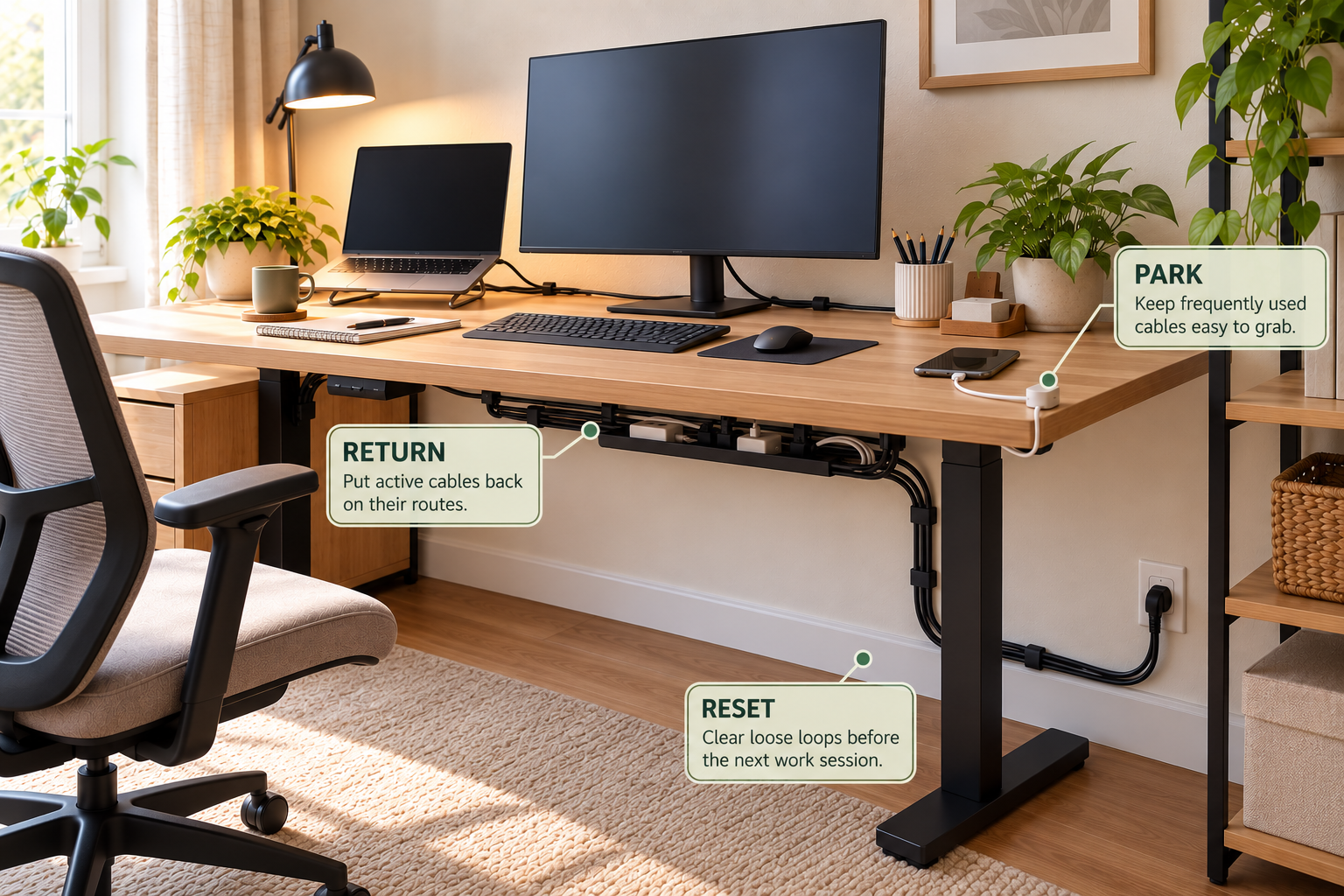 Organized home office cable system ready for an easy daily reset with cables returned to assigned routes