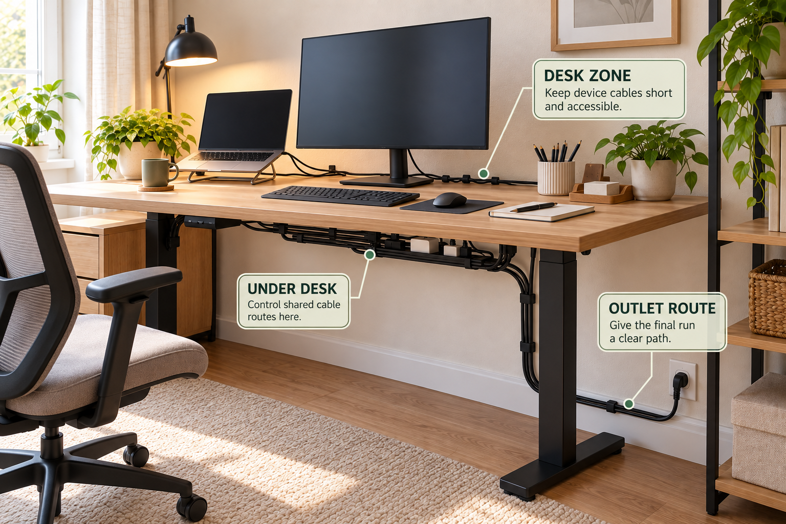 Home office cable routing system showing desk, under-desk, and outlet cable zones